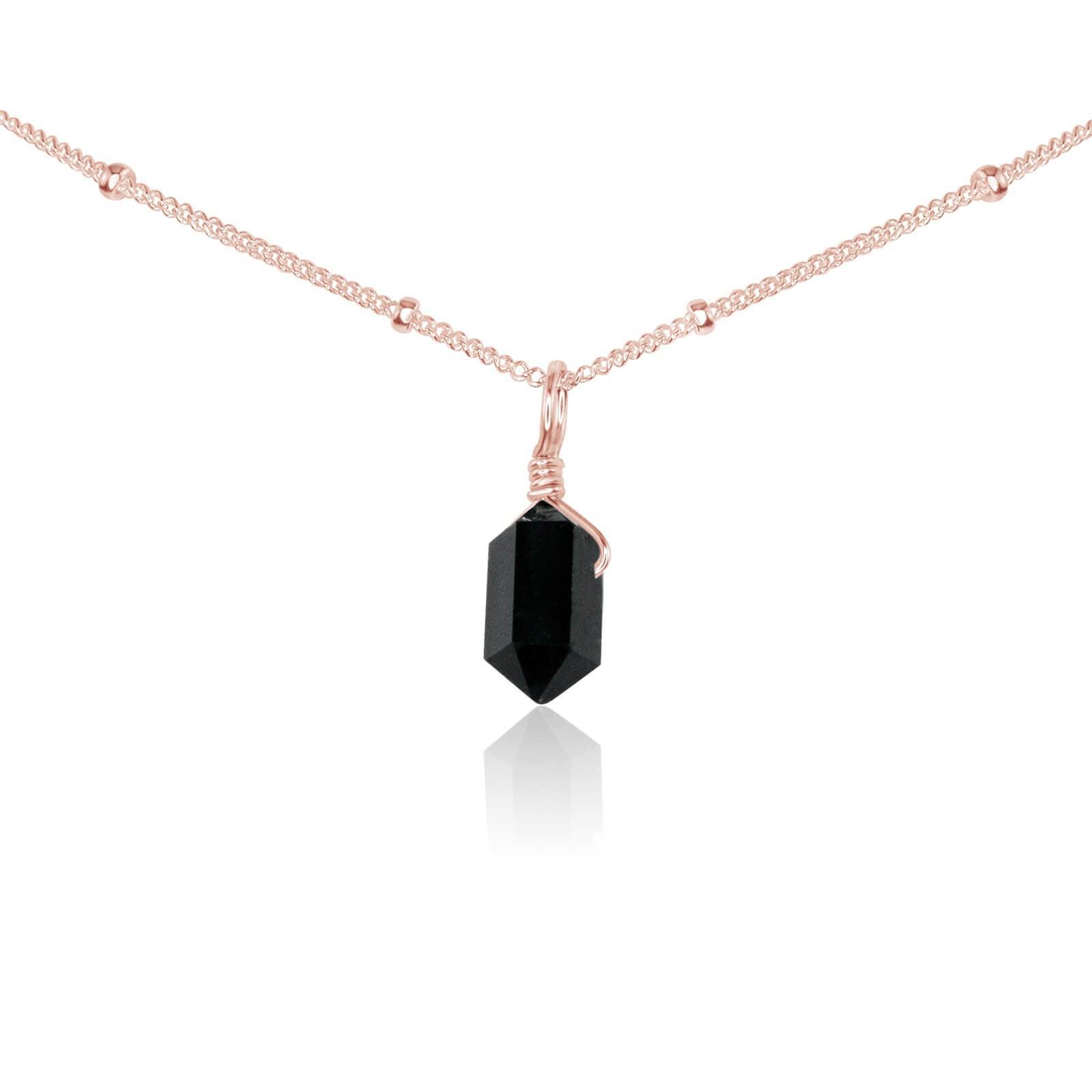 Black Tourmaline Mini Double Terminated Crystal Point Pendant Choker Necklace - Black Tourmaline Mini Double Terminated Crystal Point Pendant Choker Necklace - 14k Rose Gold Fill / Satellite - Luna Tide Handmade Crystal Jewellery