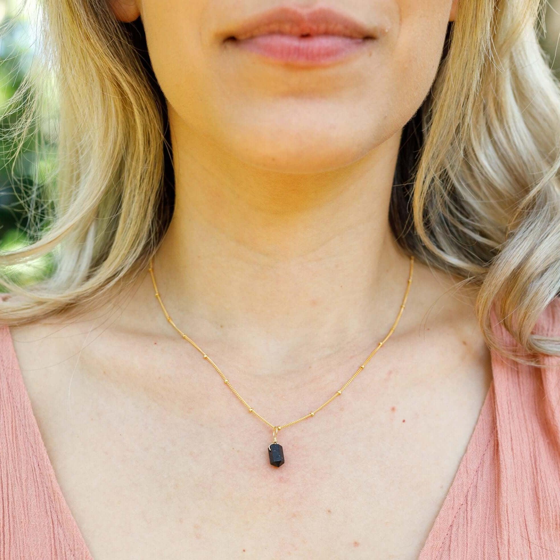 Black Tourmaline Mini Double Terminated Crystal Point Pendant Necklace - Black Tourmaline Mini Double Terminated Crystal Point Pendant Necklace - Sterling Silver / Cable - Luna Tide Handmade Crystal Jewellery