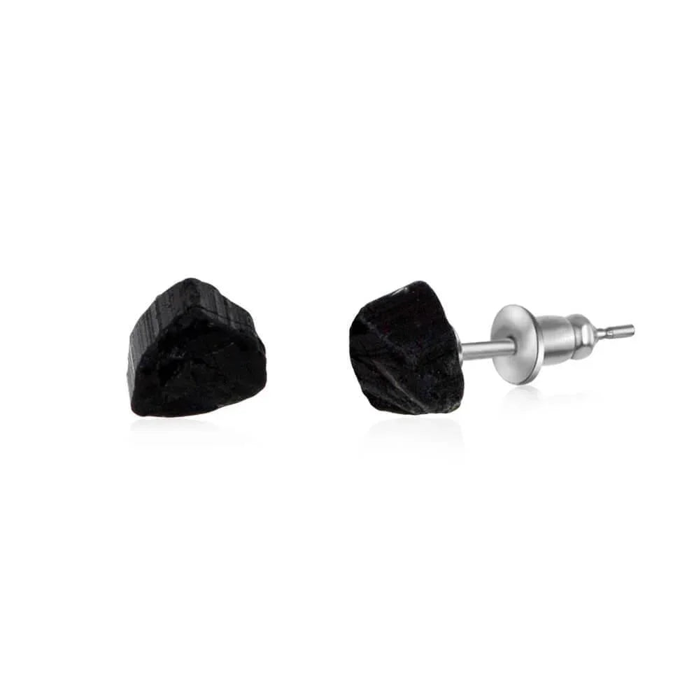 Custom Raw Crystal Gemstone Stud Earrings - Custom Raw Crystal Gemstone Stud Earrings - Sterling Silver / Black Tourmaline for October - Luna Tide Handmade Crystal Jewellery