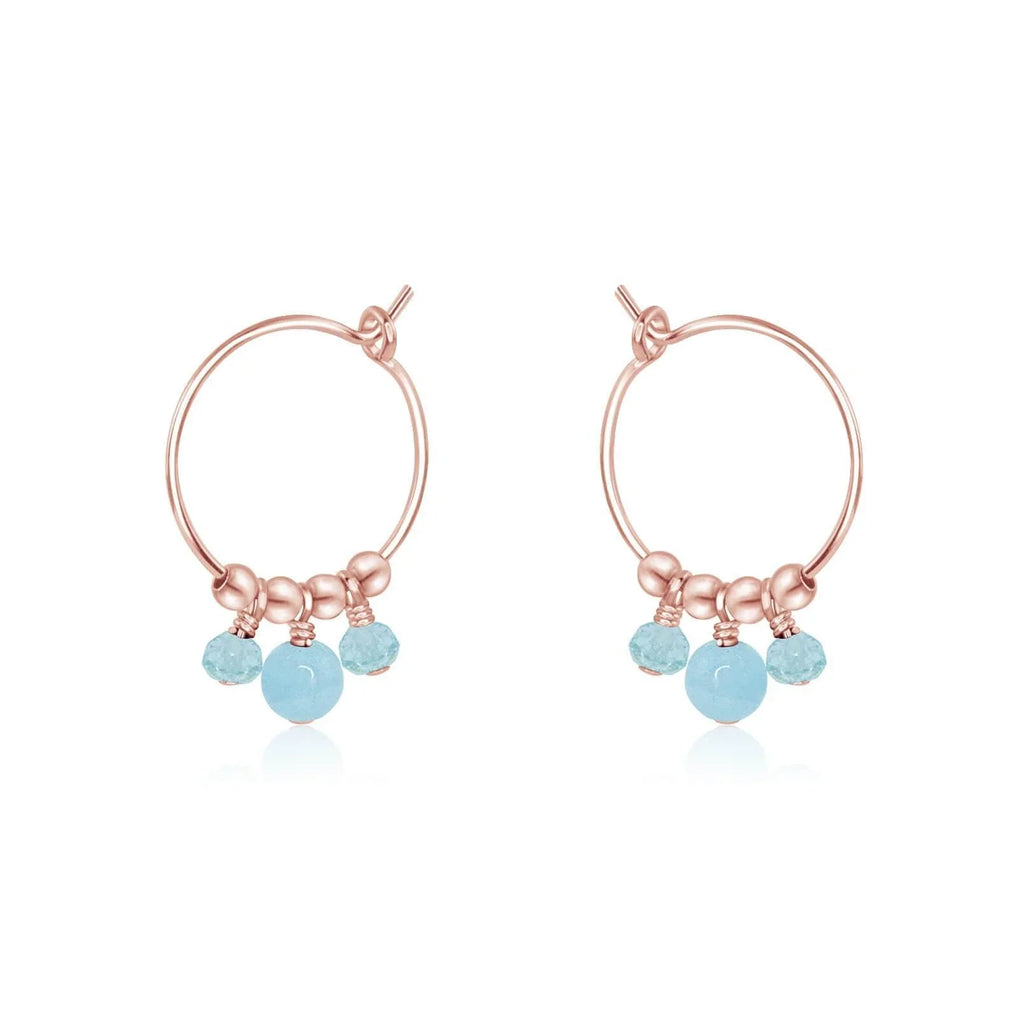 Blue Aquamarine Gemstone Bead Drop Hoop Earrings - Blue Aquamarine Gemstone Bead Drop Hoop Earrings - 14k Rose Gold Fill - Luna Tide Handmade Crystal Jewellery