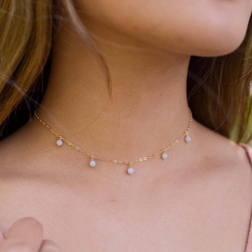 Blue Lace Agate Bead Drop Choker - Blue Lace Agate Bead Drop Choker - 14k Gold Fill - Luna Tide Handmade Crystal Jewellery