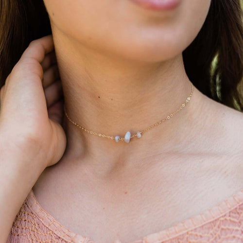 Blue Lace Agate Beaded Chain Choker Necklace - Blue Lace Agate Beaded Chain Choker Necklace - 14k Gold Fill - Luna Tide Handmade Crystal Jewellery