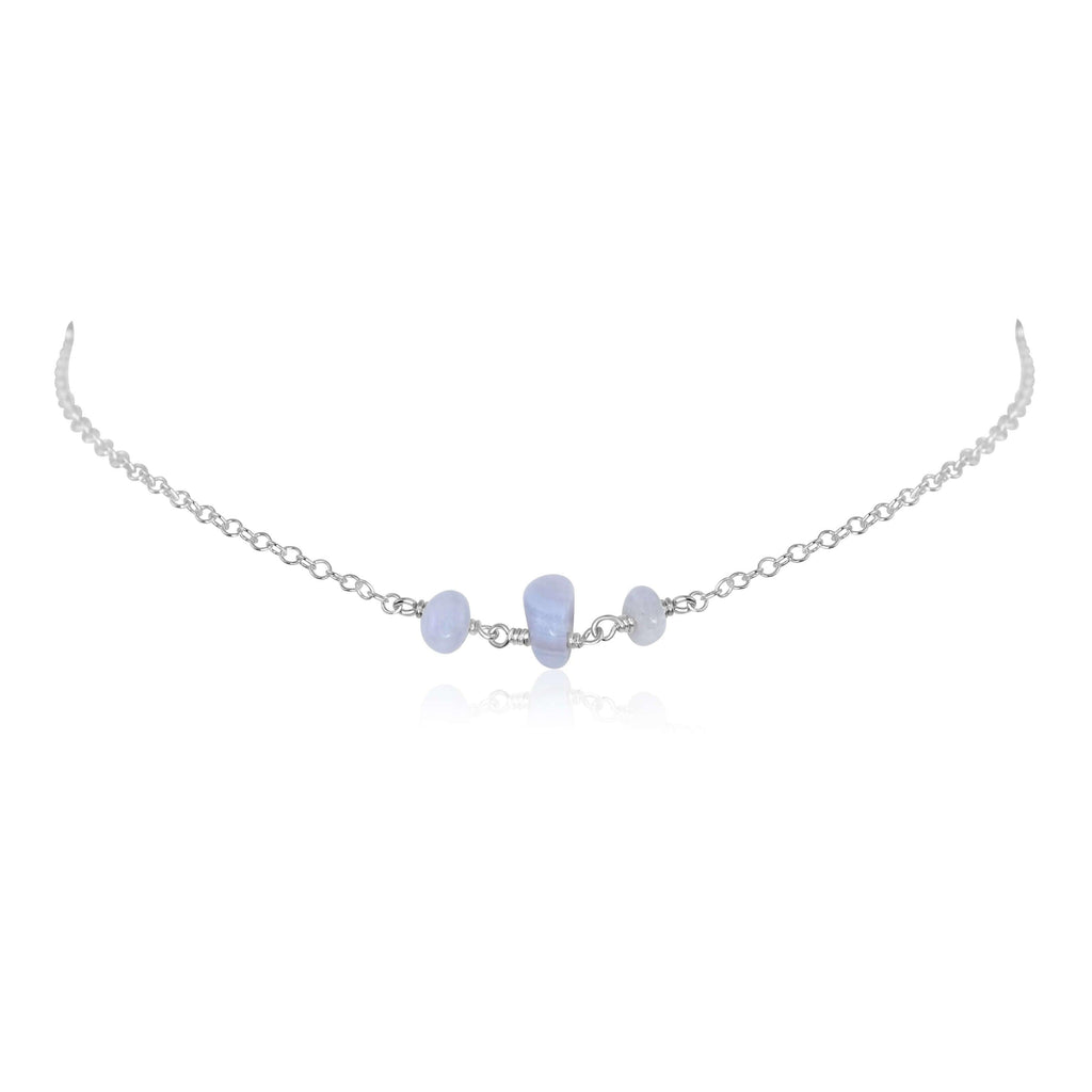 Blue Lace Agate Beaded Chain Choker Necklace - Blue Lace Agate Beaded Chain Choker Necklace - Sterling Silver - Luna Tide Handmade Crystal Jewellery