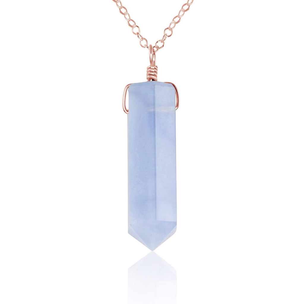 Blue Lace Agate Crystal Generator Point Pendant Necklace - Blue Lace Agate Crystal Generator Point Pendant Necklace - 14k Rose Gold Fill / Cable - Luna Tide Handmade Crystal Jewellery