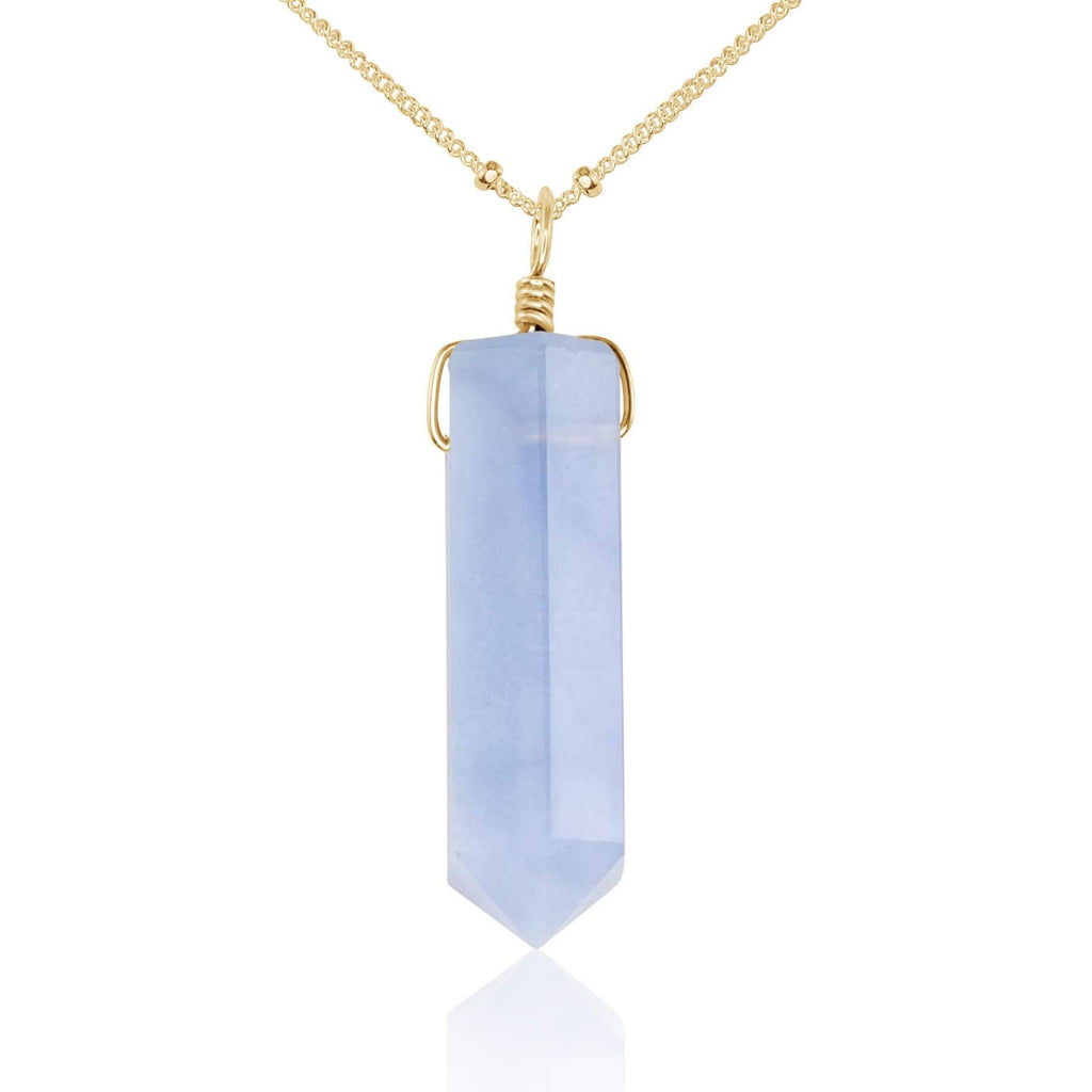 Blue Lace Agate Gemstone Generator Tower Point Pendant Necklace - Blue Lace Agate Gemstone Generator Tower Point Pendant Necklace - 14k Gold Fill / Satellite - Luna Tide Handmade Crystal Jewellery