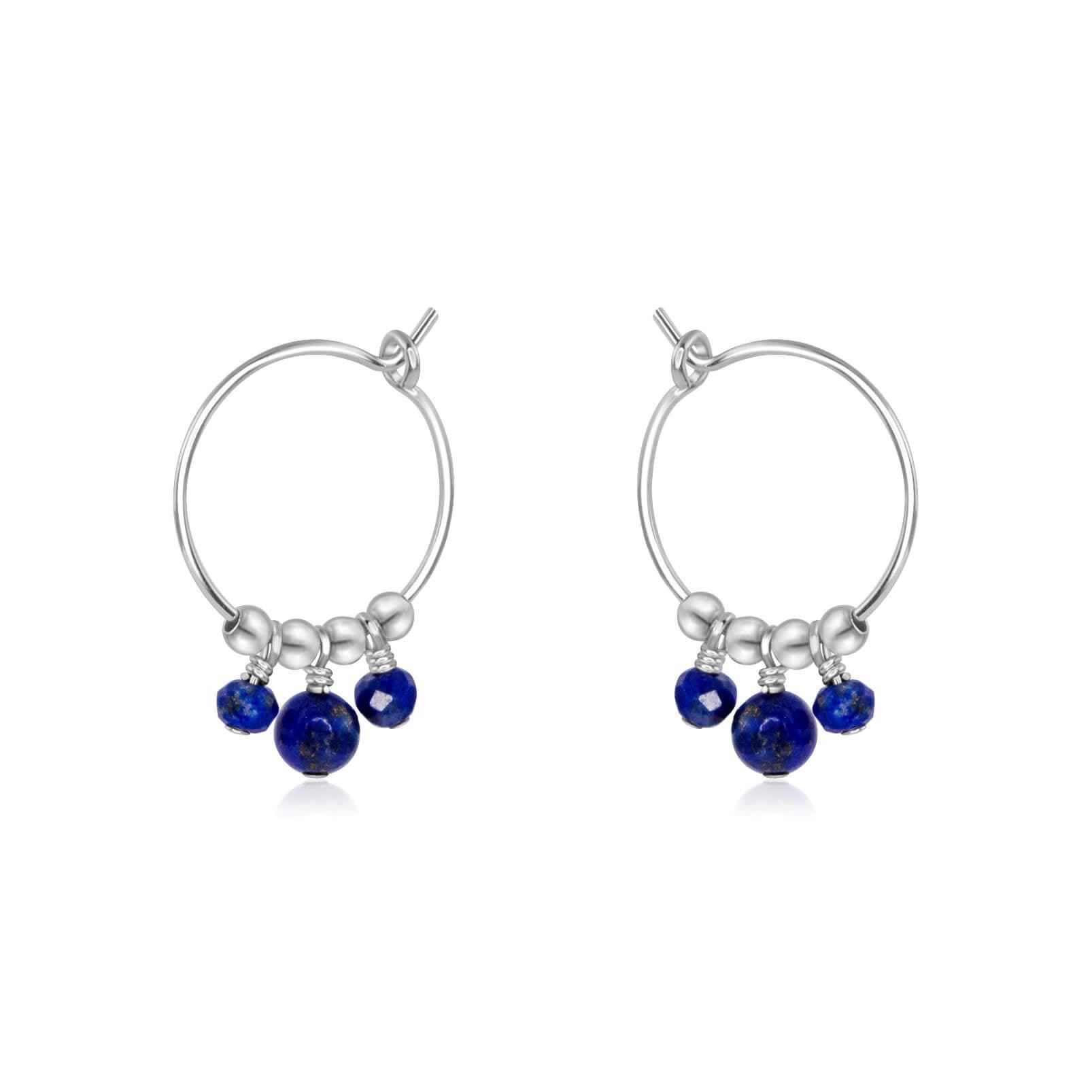 Blue Lapis Lazuli Gemstone Bead Drop Hoop Earrings - Blue Lapis Lazuli Gemstone Bead Drop Hoop Earrings - Sterling Silver - Luna Tide Handmade Crystal Jewellery