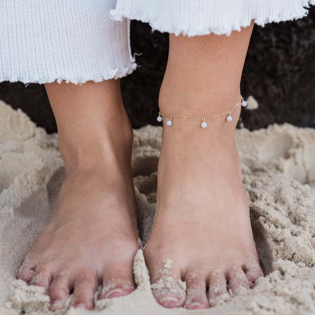 Boho Blue Lace Agate Gemstone Bead Drop Anklet - Boho Blue Lace Agate Gemstone Bead Drop Anklet - Sterling Silver - Luna Tide Handmade Crystal Jewellery