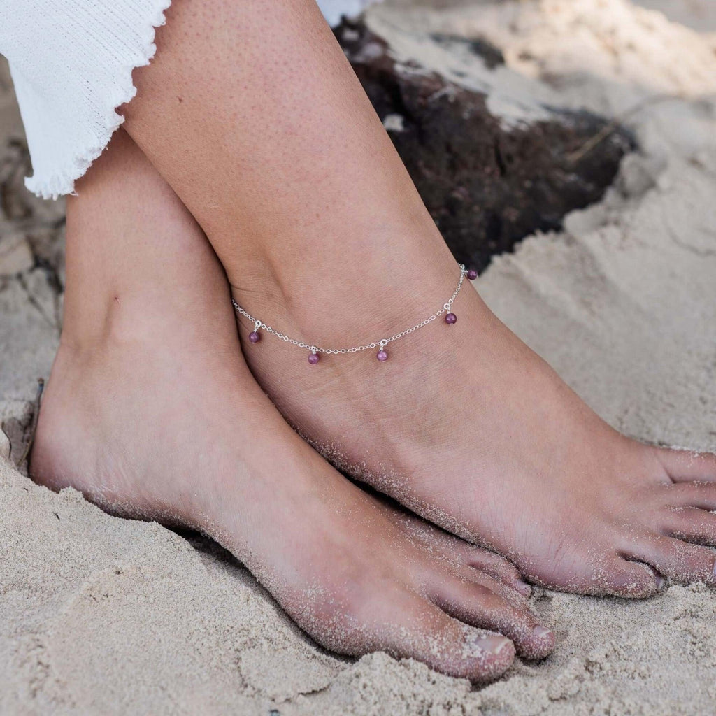 Boho Red Ruby Gemstone Bead Drop Anklet - Boho Red Ruby Gemstone Bead Drop Anklet - Sterling Silver - Luna Tide Handmade Crystal Jewellery