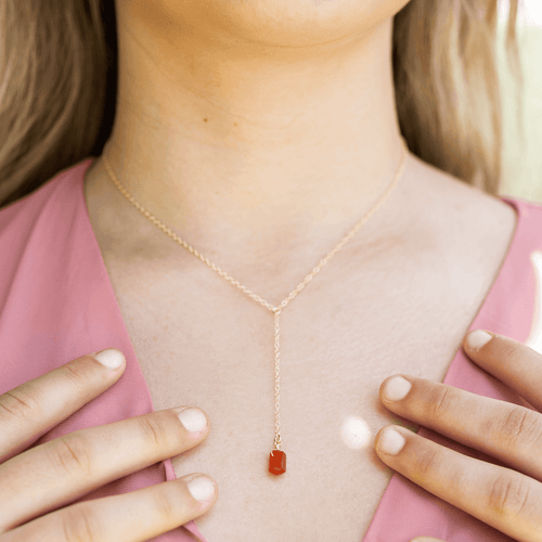 Carnelian Double Terminated Mini Crystal Point Lariat Necklace - Carnelian Double Terminated Mini Crystal Point Lariat Necklace - 14k Gold Fill - Luna Tide Handmade Crystal Jewellery