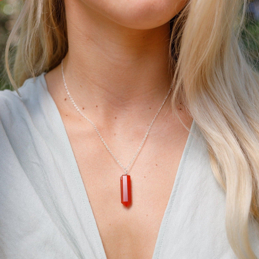 Carnelian Gemstone Generator Tower Point Pendant Necklace - Carnelian Gemstone Generator Tower Point Pendant Necklace - Sterling Silver / Satellite - Luna Tide Handmade Crystal Jewellery