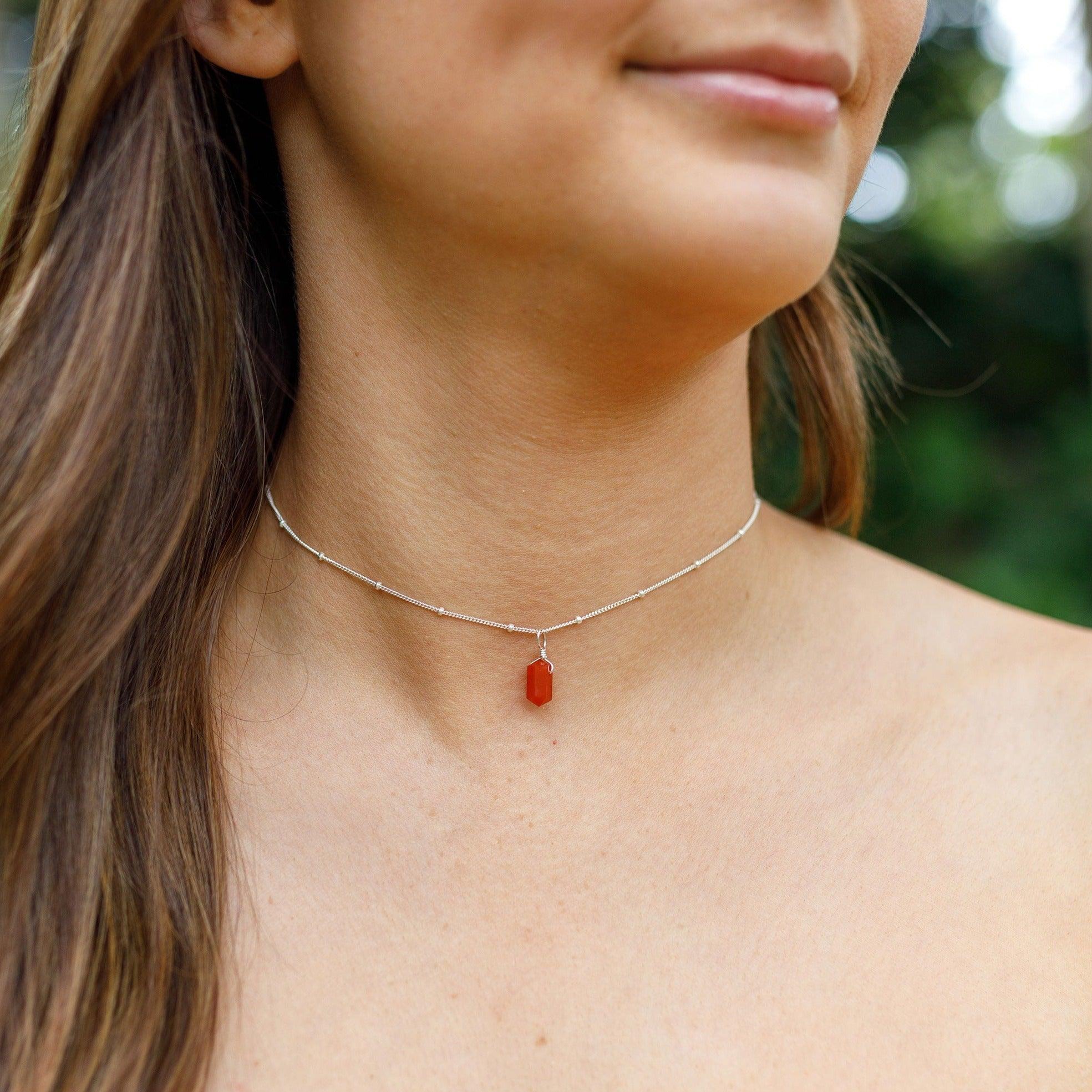 Carnelian Mini Double Terminated Crystal Point Pendant Choker Necklace - Carnelian Mini Double Terminated Crystal Point Pendant Choker Necklace - Sterling Silver / Cable - Luna Tide Handmade Crystal Jewellery