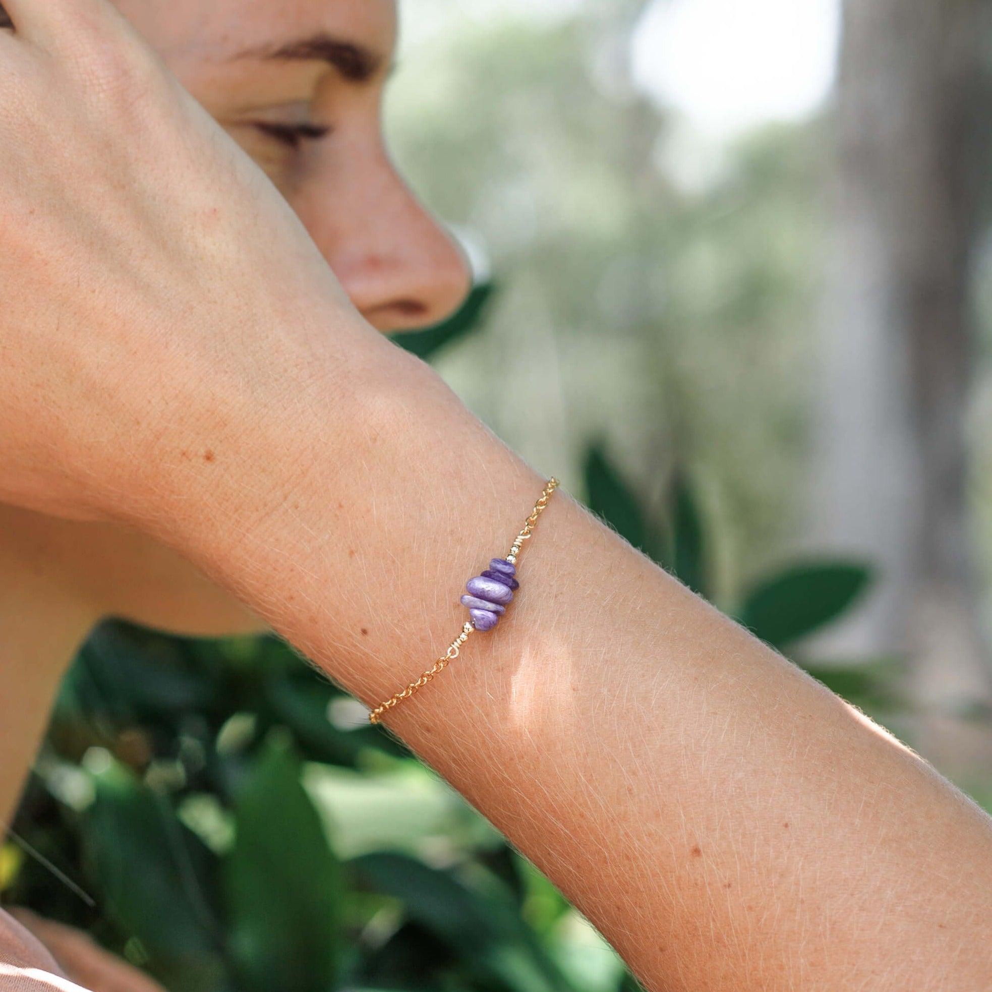 Charoite Chip Bead Bar Bracelet - Charoite Chip Bead Bar Bracelet - Sterling Silver - Luna Tide Handmade Crystal Jewellery