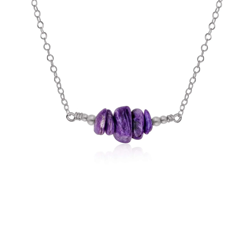 Charoite Chip Bead Bar Necklace - Charoite Chip Bead Bar Necklace - Stainless Steel - Luna Tide Handmade Crystal Jewellery