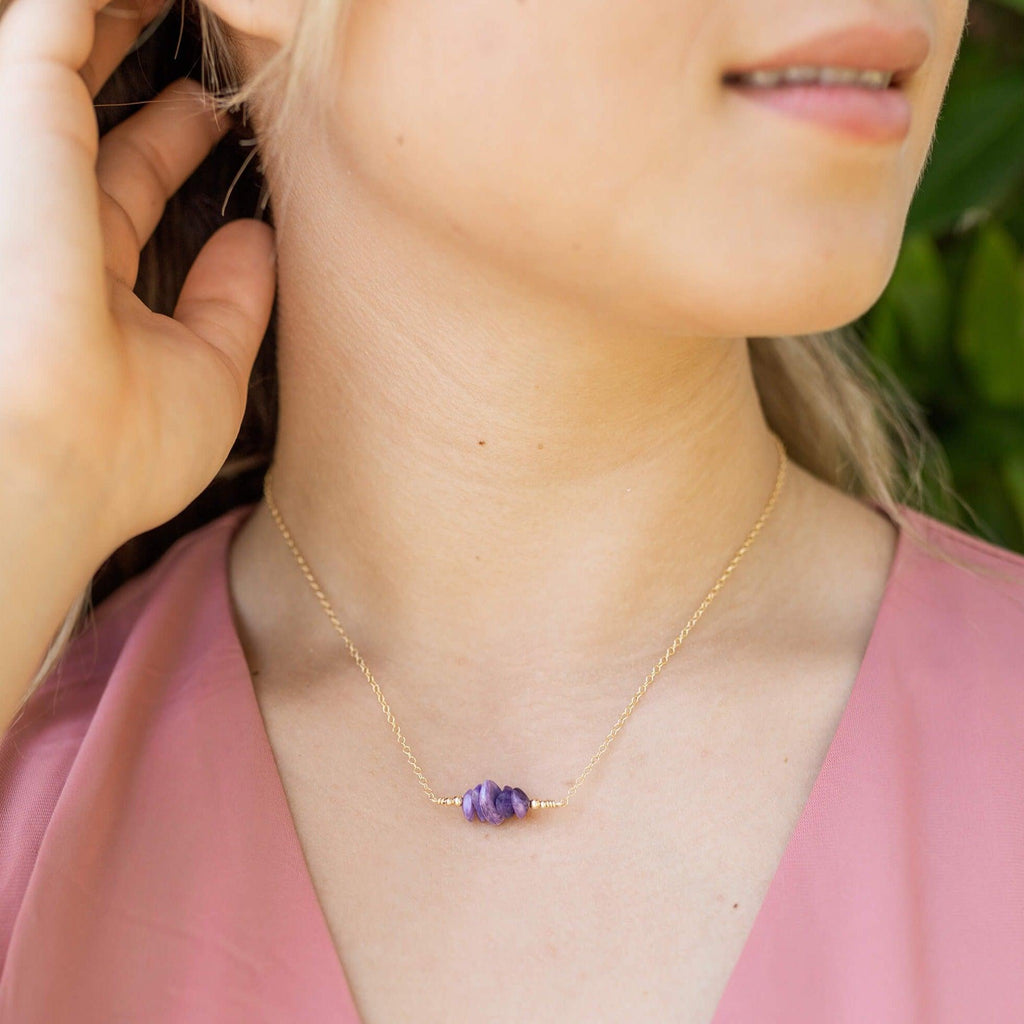 Charoite Chip Bead Bar Necklace - Charoite Chip Bead Bar Necklace - Sterling Silver - Luna Tide Handmade Crystal Jewellery