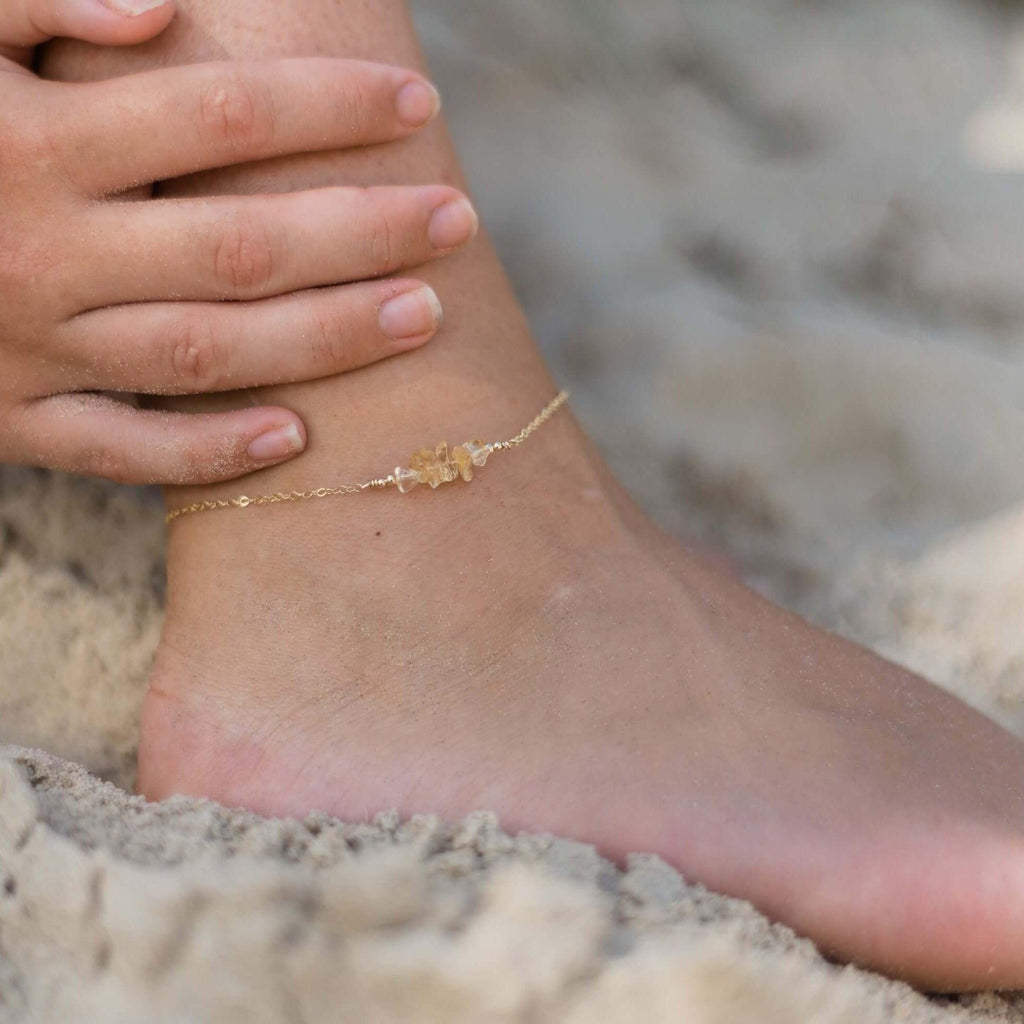 Citrine Chip Bead Bar Anklet - Citrine Chip Bead Bar Anklet - Sterling Silver - Luna Tide Handmade Crystal Jewellery