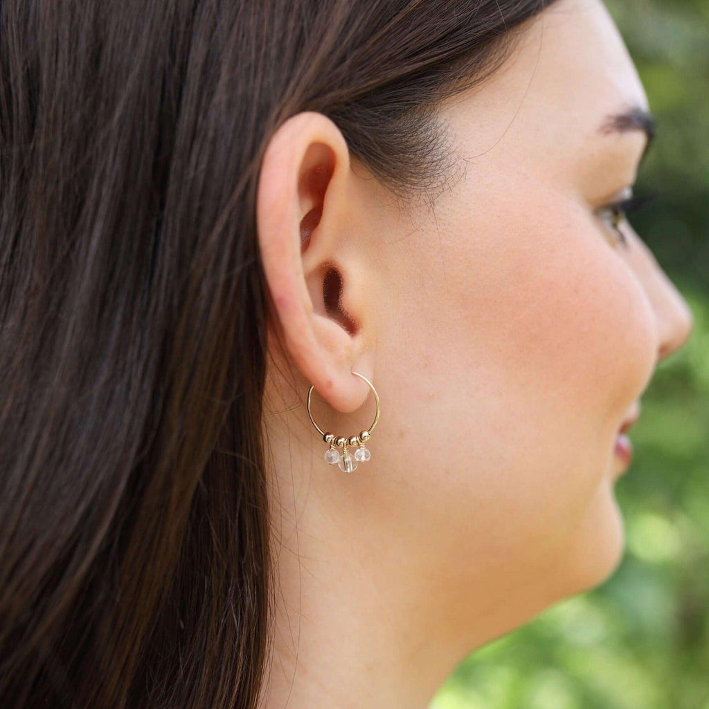 Clear Crystal Quartz Gemstone Bead Drop Hoop Earrings - Clear Crystal Quartz Gemstone Bead Drop Hoop Earrings - 14k Gold Fill - Luna Tide Handmade Crystal Jewellery