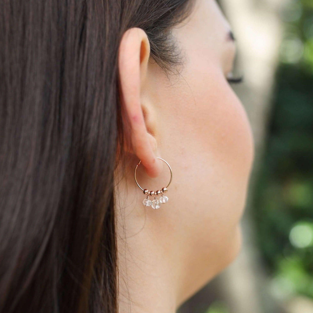 Clear Crystal Quartz Gemstone Bead Drop Hoop Earrings - Clear Crystal Quartz Gemstone Bead Drop Hoop Earrings - 14k Gold Fill - Luna Tide Handmade Crystal Jewellery
