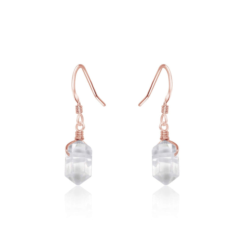 Double Terminated Crystal Dangle Drop Earrings - Crystal Quartz - 14K Rose Gold Fill - Luna Tide Handmade Jewellery