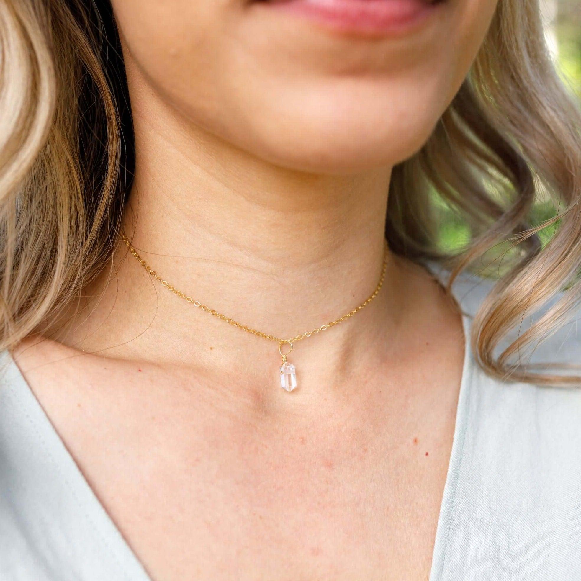 Crystal Quartz Mini Double Terminated Crystal Point Pendant Choker Necklace - Crystal Quartz Mini Double Terminated Crystal Point Pendant Choker Necklace - 14k Gold Fill / Cable - Luna Tide Handmade Crystal Jewellery