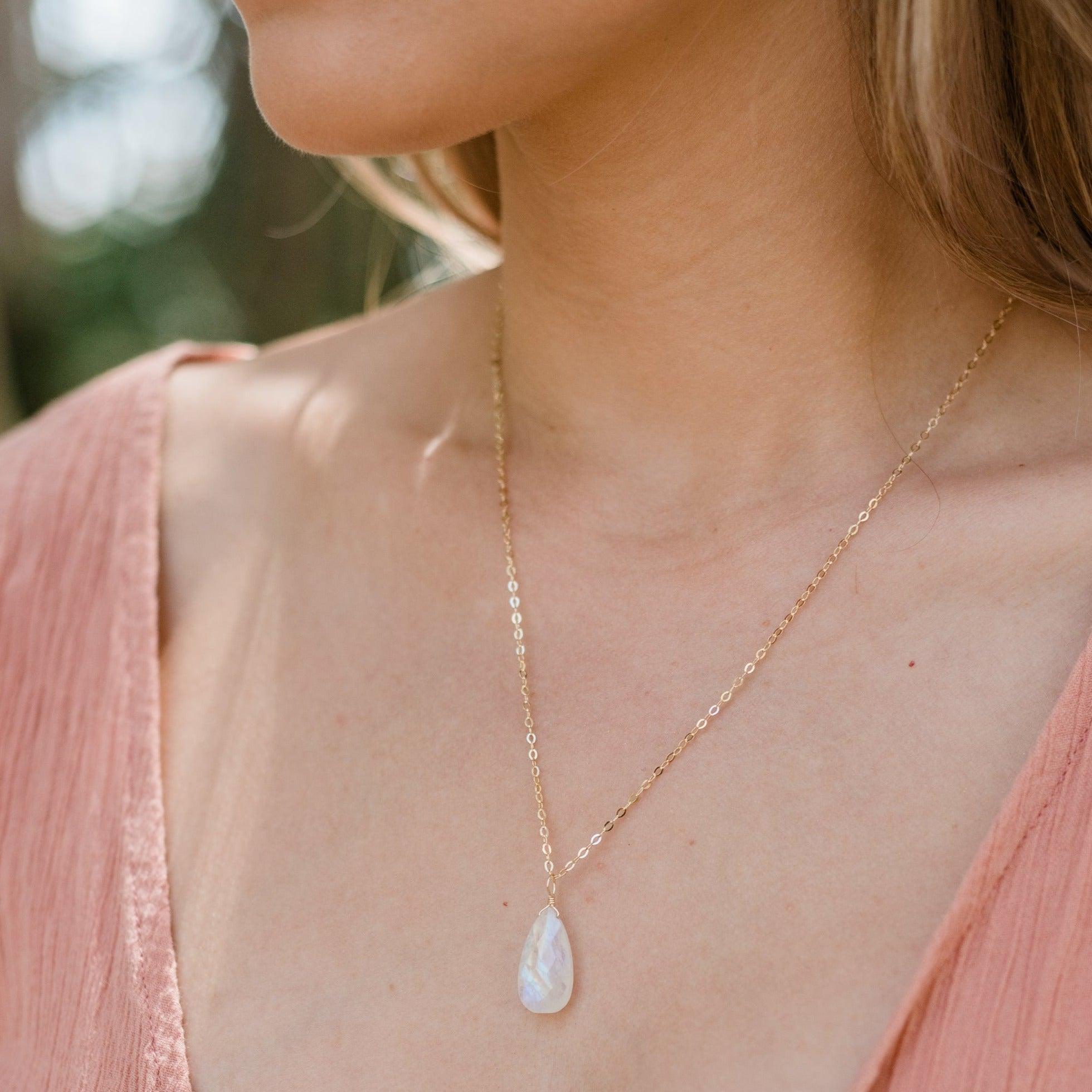 Custom Large Faceted Teardrop Crystal Pendant Necklace - Custom Large Faceted Teardrop Crystal Pendant Necklace - 14k Gold Fill / 35cm (14") - Choker / Cable - Luna Tide Handmade Crystal Jewellery