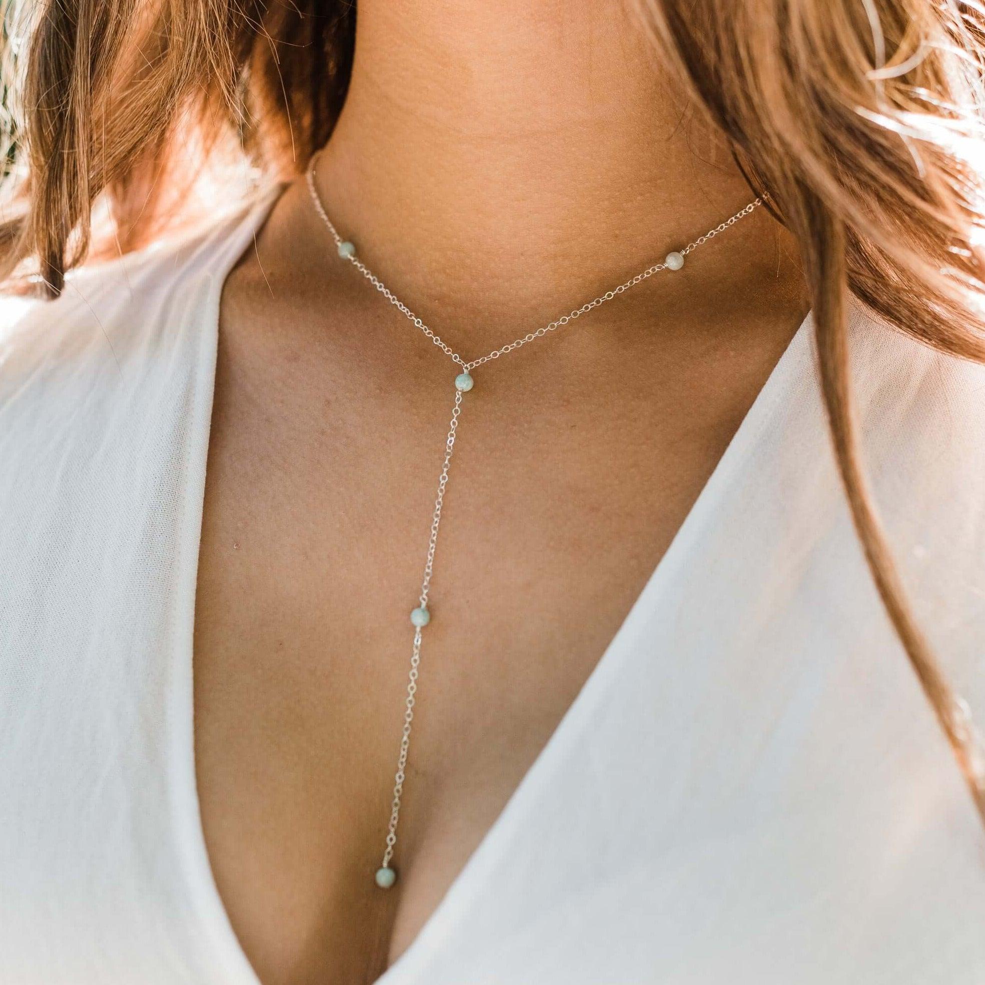 Dainty Amazonite Lariat Necklace - Dainty Amazonite Lariat Necklace - Sterling Silver - Luna Tide Handmade Crystal Jewellery