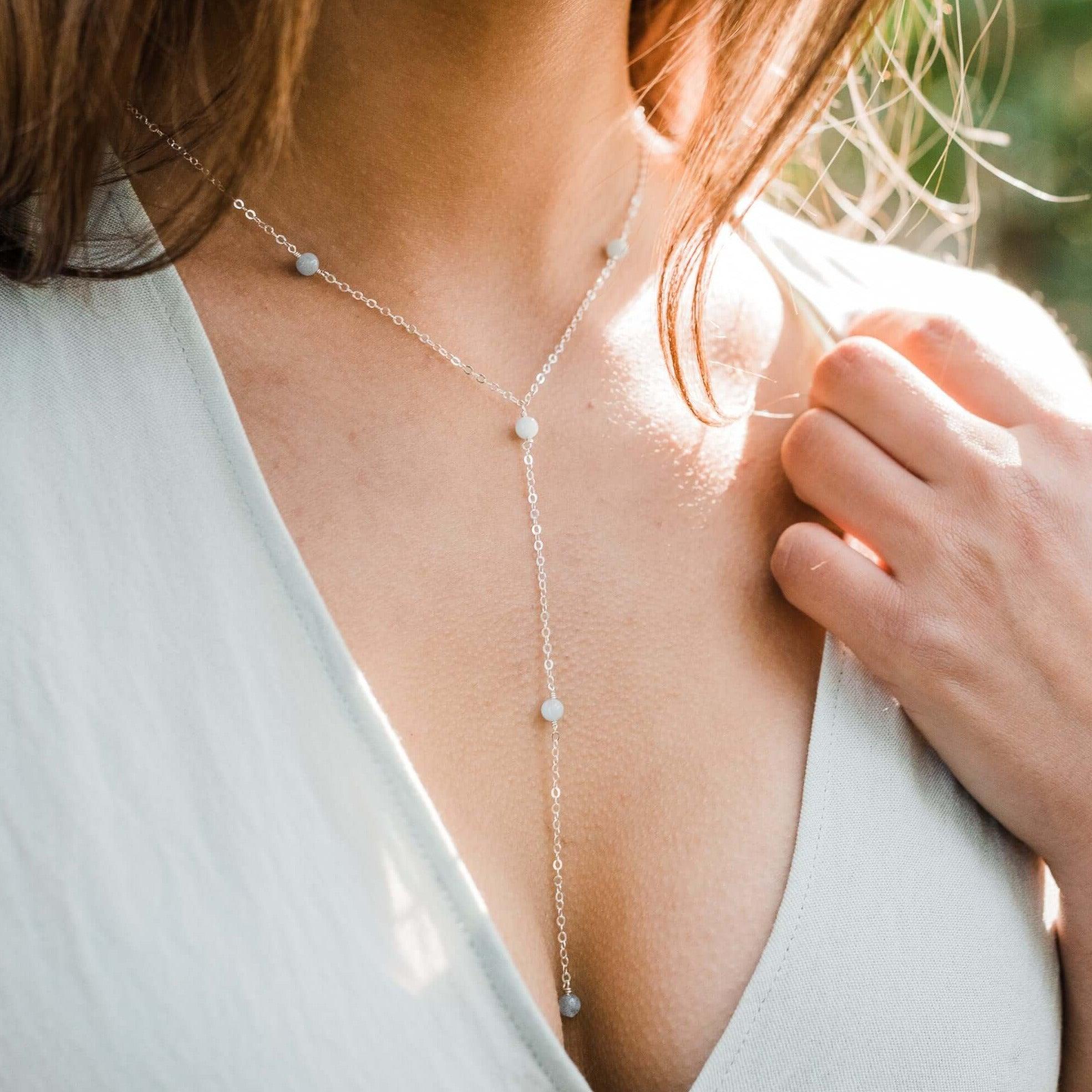 Dainty Aquamarine Lariat Necklace - Dainty Aquamarine Lariat Necklace - Sterling Silver - Luna Tide Handmade Crystal Jewellery