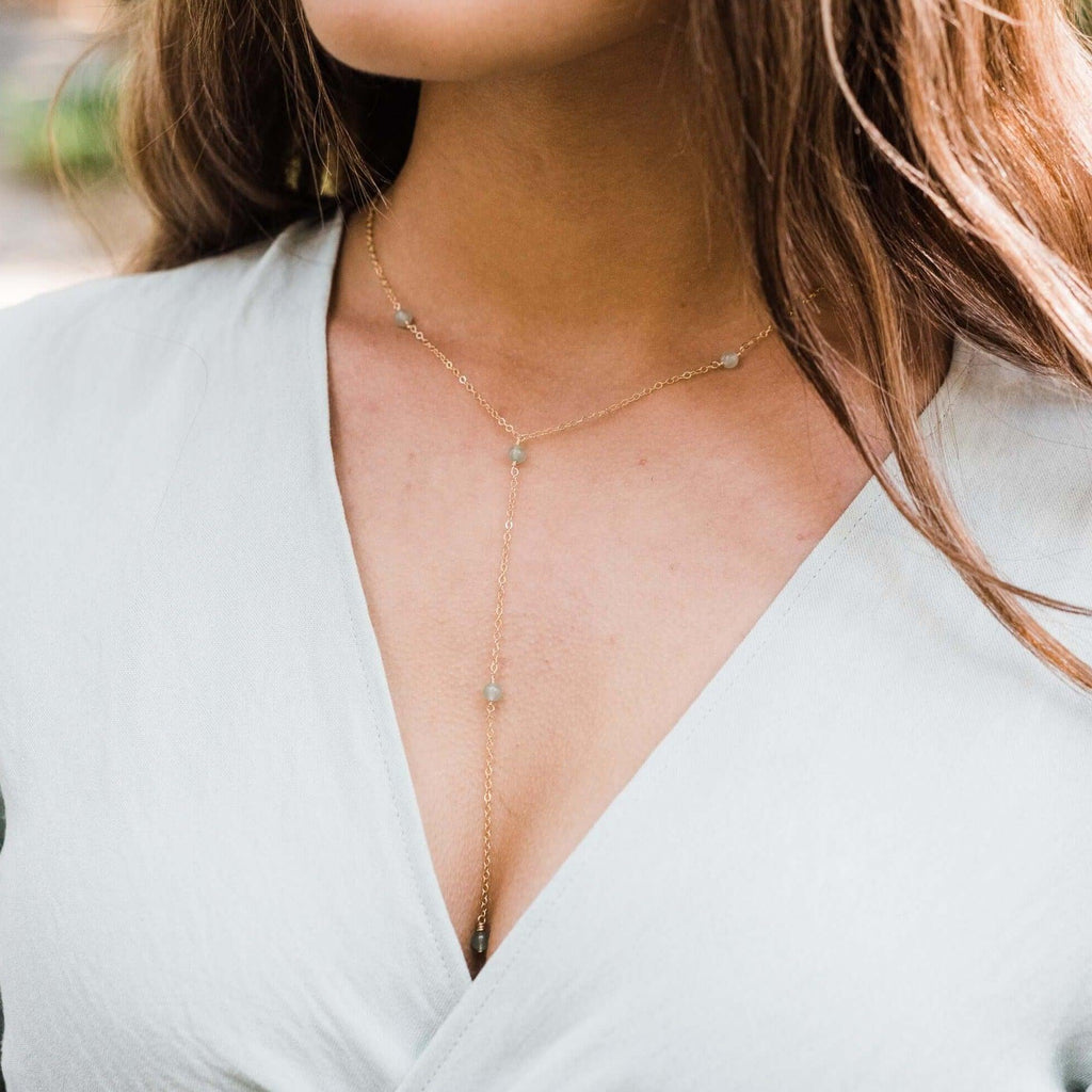 Dainty Aventurine Lariat Necklace - Dainty Aventurine Lariat Necklace - Sterling Silver - Luna Tide Handmade Crystal Jewellery