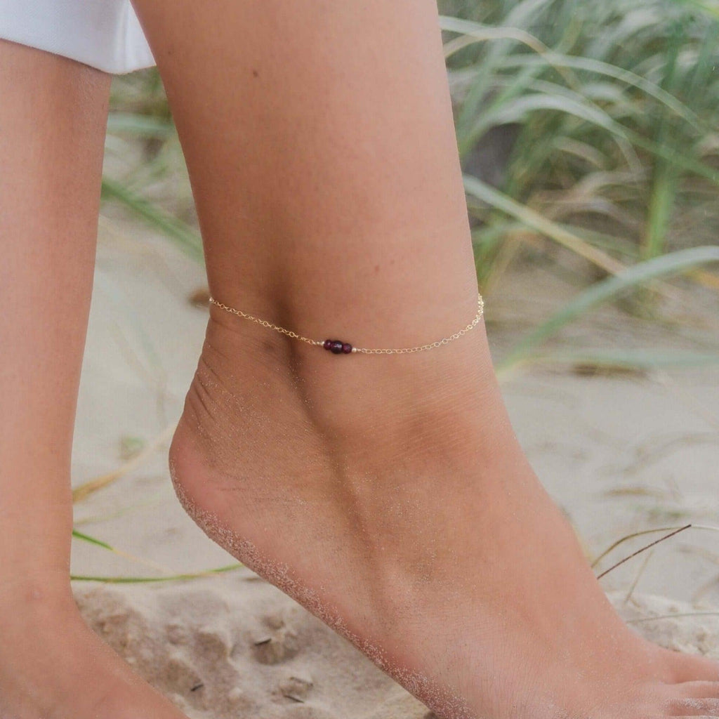 Dainty Garnet Gemstone Anklet - Dainty Garnet Gemstone Anklet - 14k Gold Fill - Luna Tide Handmade Crystal Jewellery