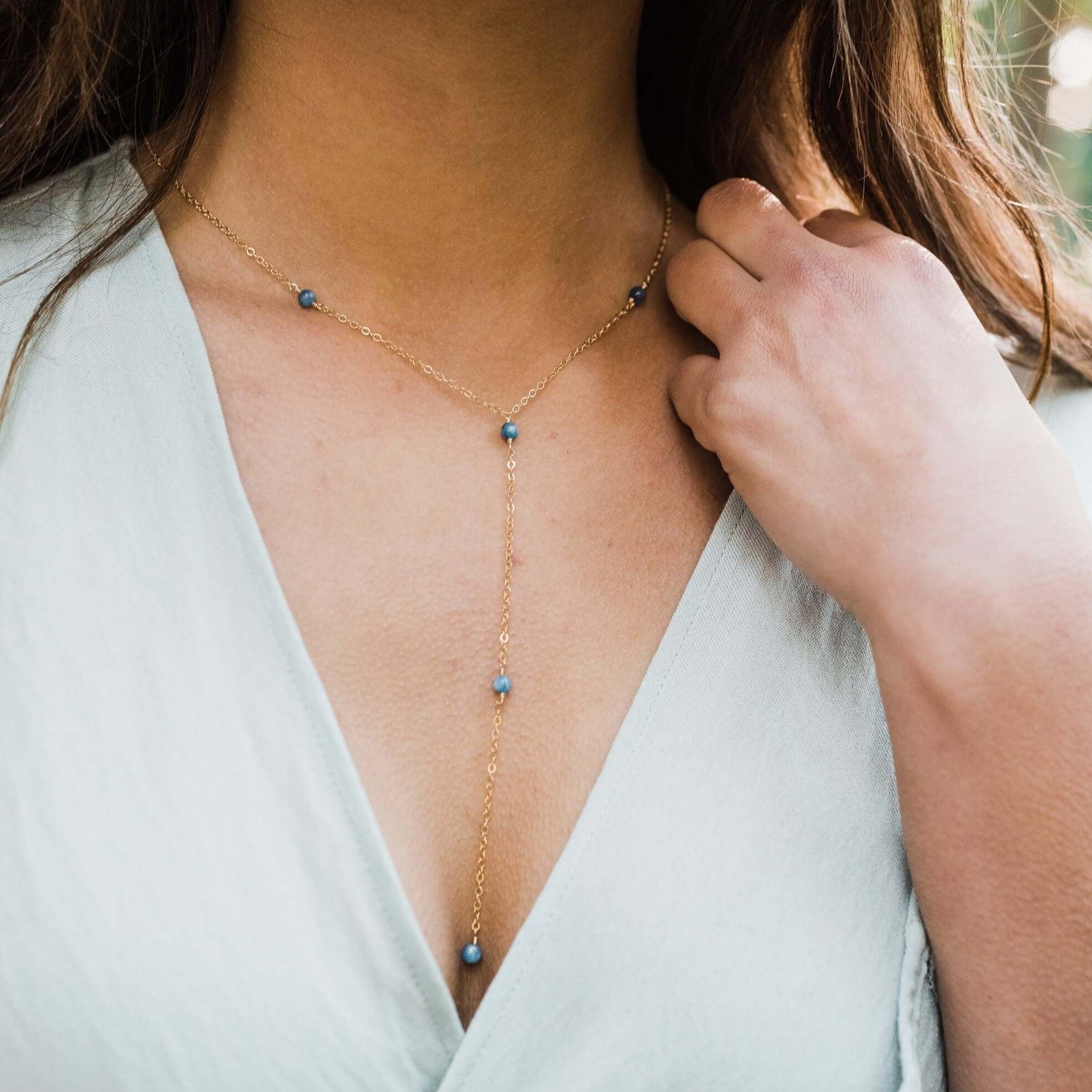 Dainty Kyanite Lariat Necklace - Dainty Kyanite Lariat Necklace - Sterling Silver - Luna Tide Handmade Crystal Jewellery