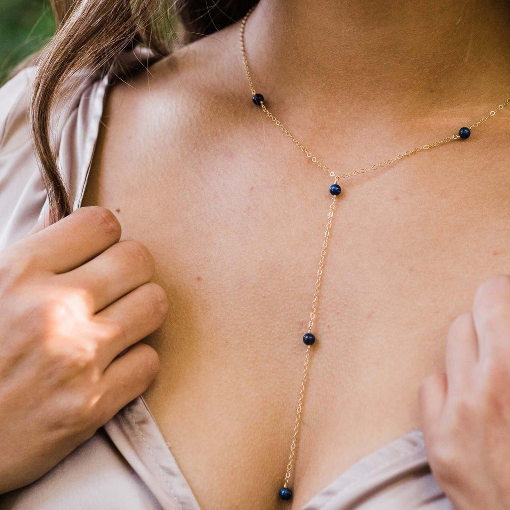 Dainty Lapis Lazuli Lariat Necklace - Dainty Lapis Lazuli Lariat Necklace - Sterling Silver - Luna Tide Handmade Crystal Jewellery
