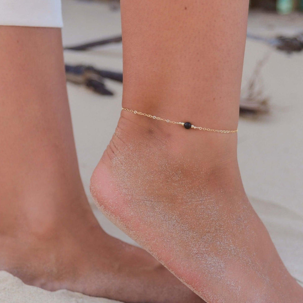 Dainty Lava Stone Essential Oil Diffuser Gemstone Anklet - Dainty Lava Stone Essential Oil Diffuser Gemstone Anklet - 14k Gold Fill - Luna Tide Handmade Crystal Jewellery