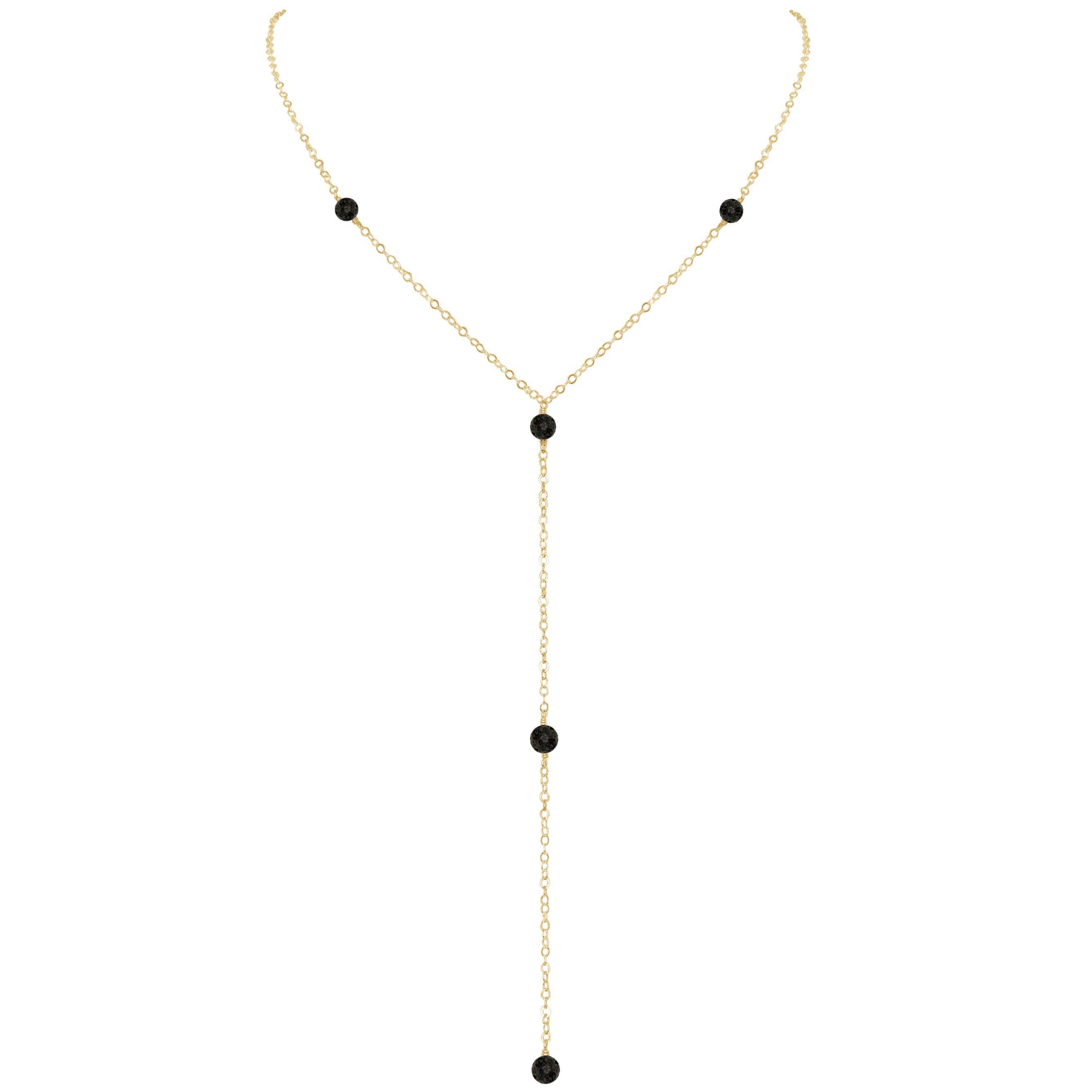Dainty Lava Stone Lariat Necklace - Dainty Lava Stone Lariat Necklace - 14k Gold Fill - Luna Tide Handmade Crystal Jewellery
