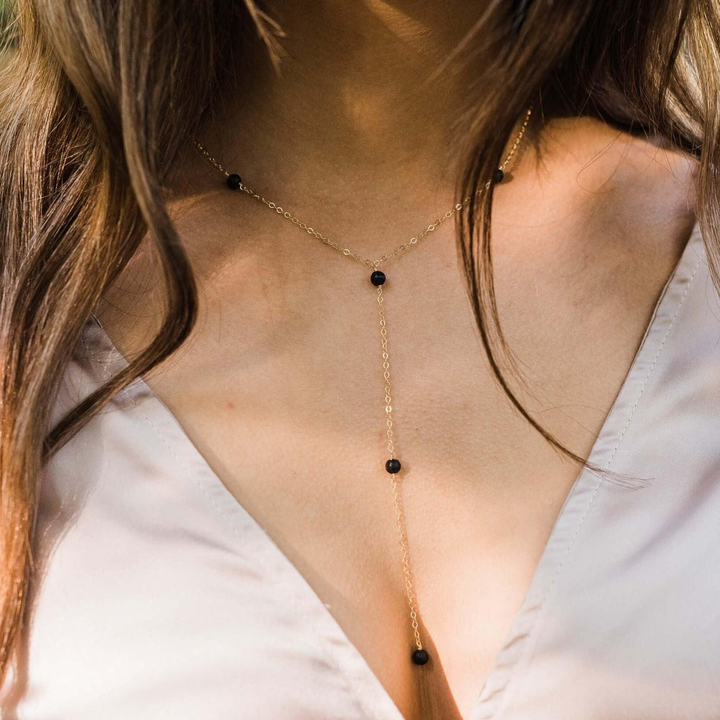 Dainty Lava Stone Lariat Necklace - Dainty Lava Stone Lariat Necklace - Sterling Silver - Luna Tide Handmade Crystal Jewellery