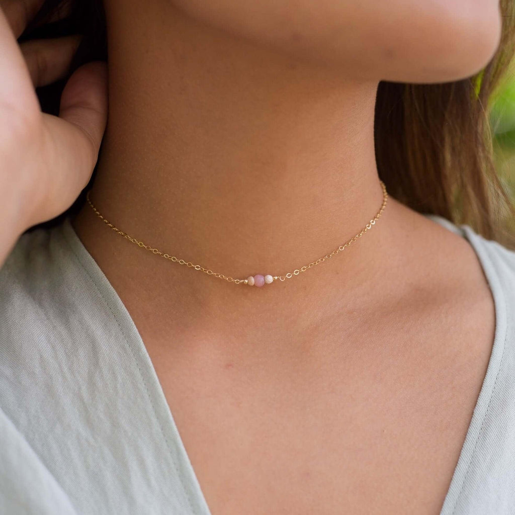 Dainty Pink Peruvian Opal Gemstone Choker Necklace - Dainty Pink Peruvian Opal Gemstone Choker Necklace - 14k Gold Fill - Luna Tide Handmade Crystal Jewellery