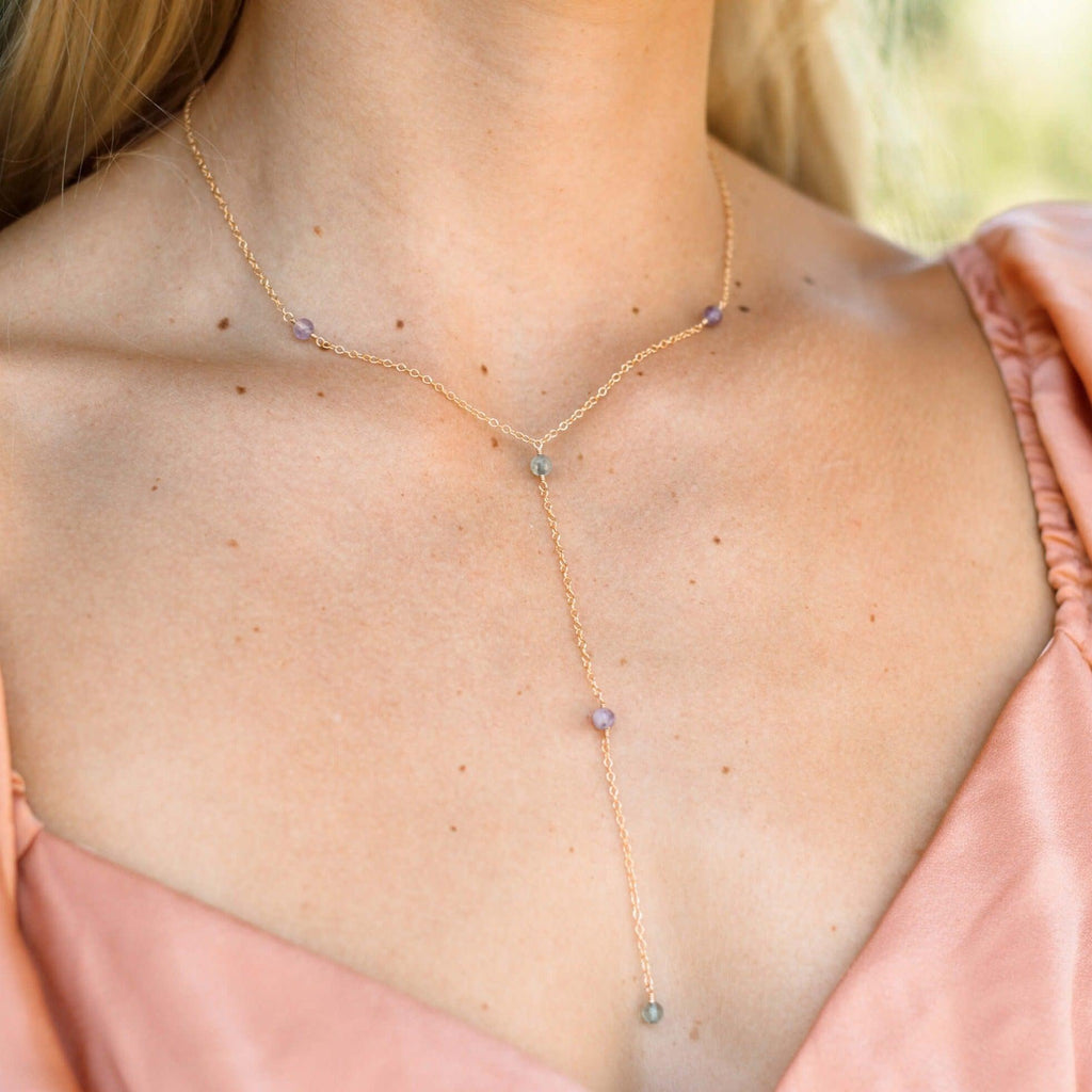 Dainty Rainbow Fluorite Lariat Necklace - Dainty Rainbow Fluorite Lariat Necklace - 14k Gold Fill - Luna Tide Handmade Crystal Jewellery