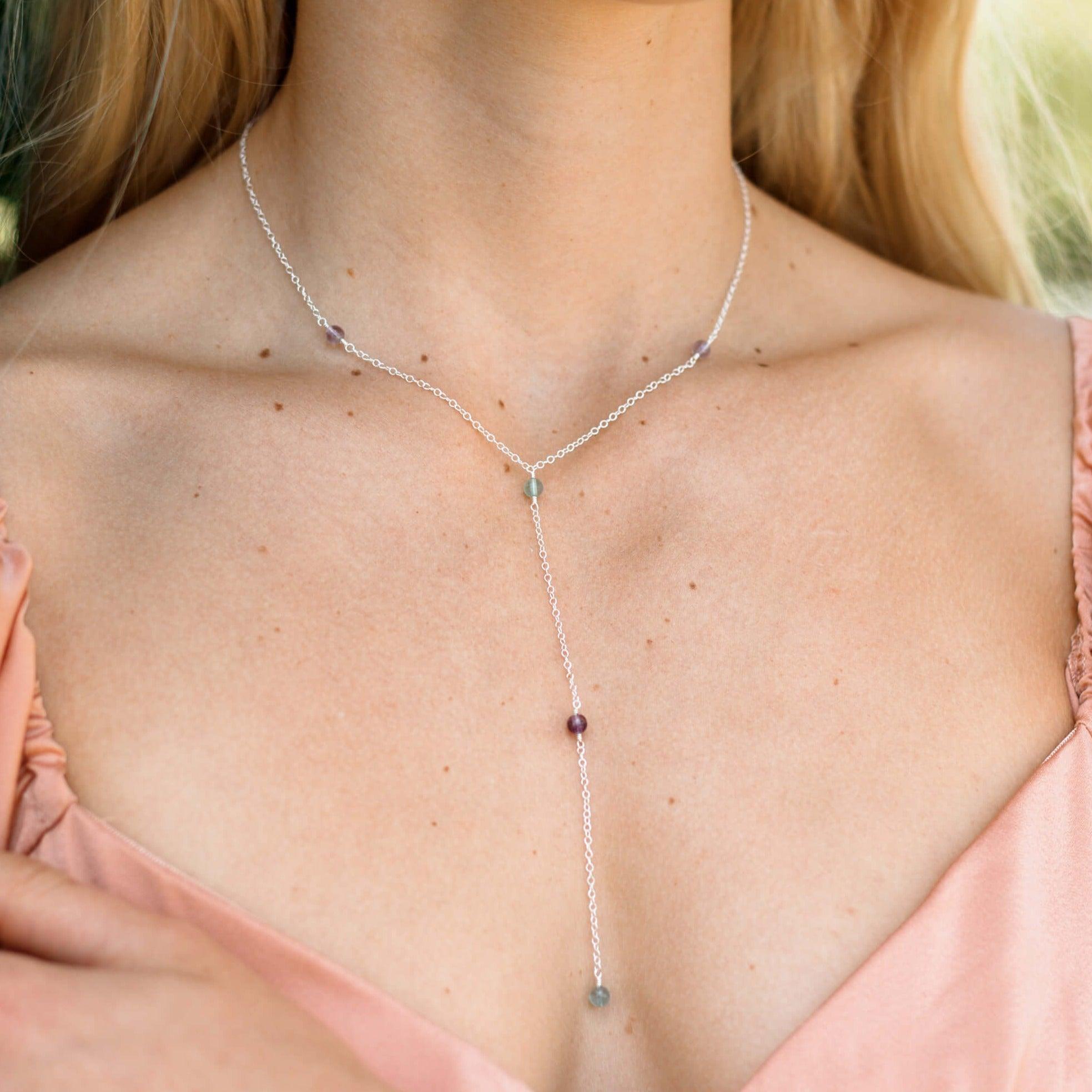 Dainty Rainbow Fluorite Lariat Necklace - Dainty Rainbow Fluorite Lariat Necklace - 14k Gold Fill - Luna Tide Handmade Crystal Jewellery