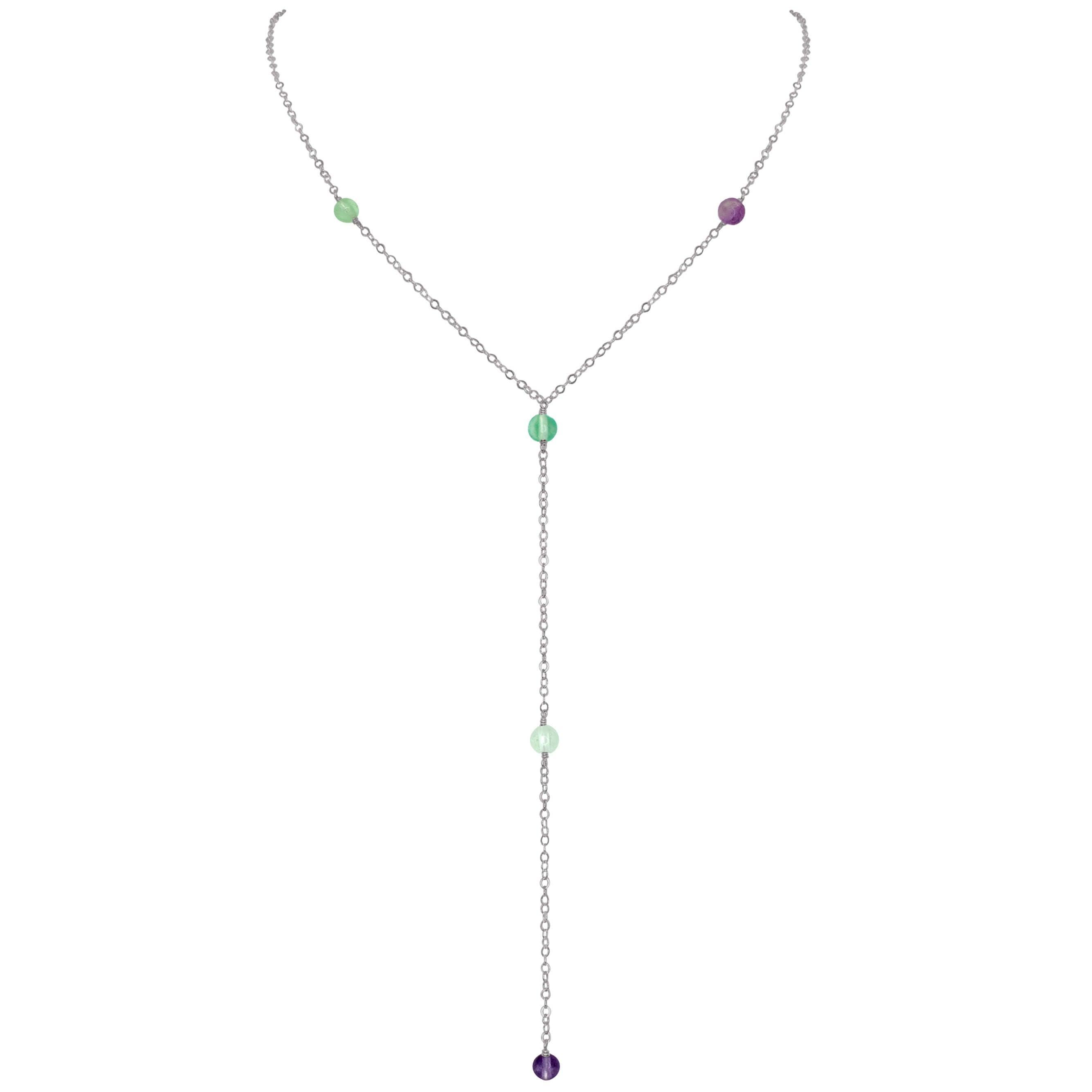 Dainty Rainbow Fluorite Lariat Necklace - Dainty Rainbow Fluorite Lariat Necklace - Stainless Steel - Luna Tide Handmade Crystal Jewellery