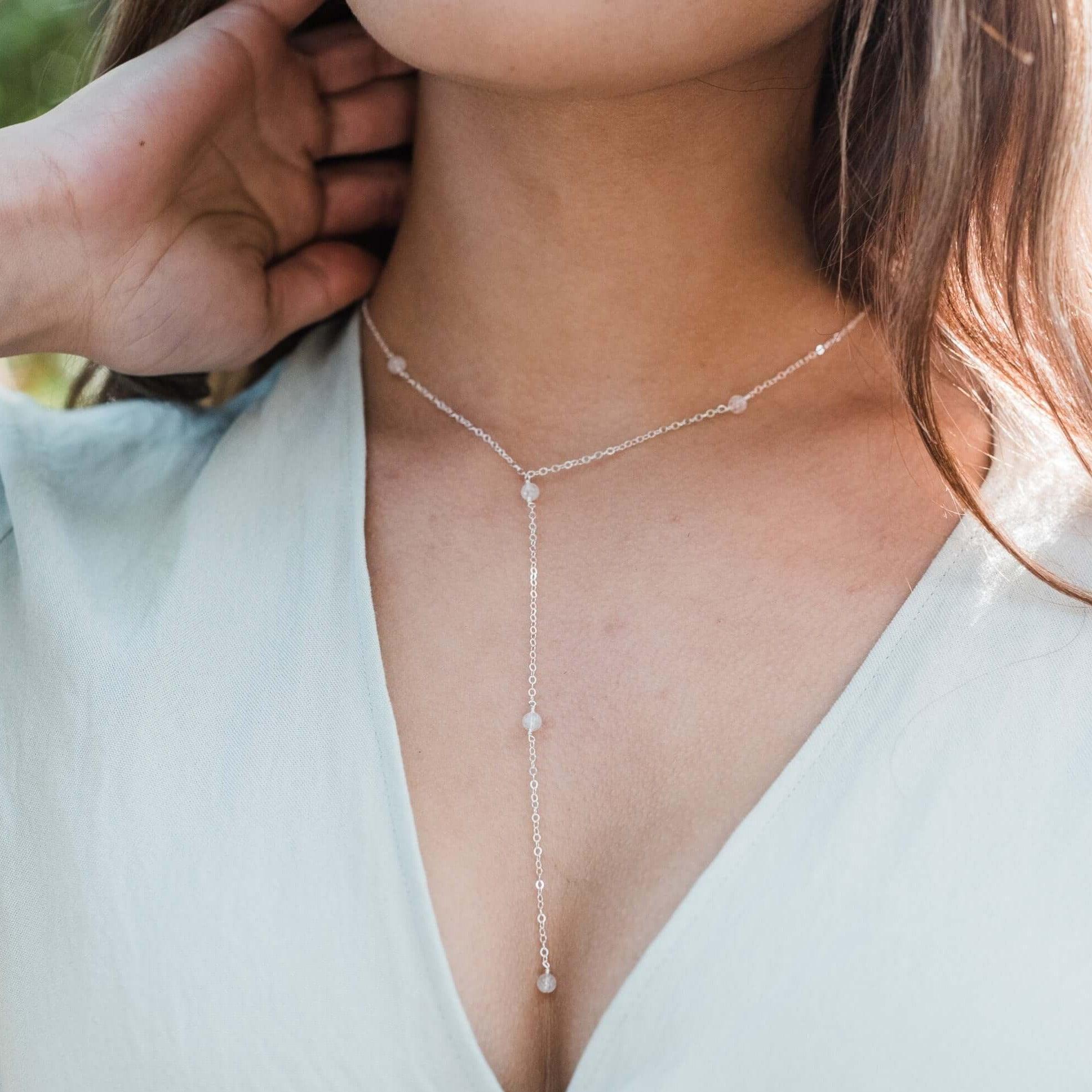 Dainty Rainbow Moonstone Lariat Necklace - Dainty Rainbow Moonstone Lariat Necklace - 14k Gold Fill - Luna Tide Handmade Crystal Jewellery