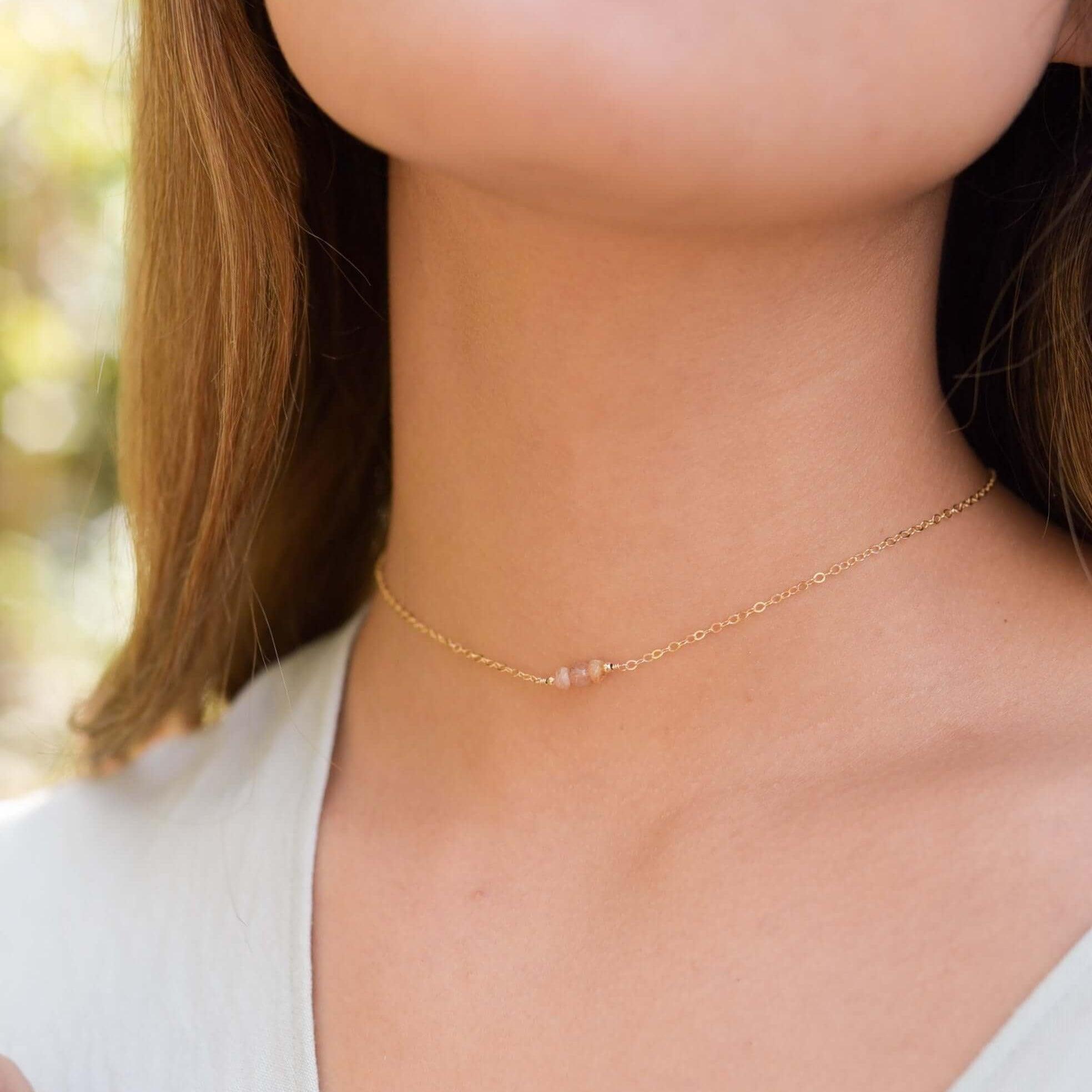 Dainty Sunstone Gemstone Choker Necklace - Dainty Sunstone Gemstone Choker Necklace - 14k Gold Fill - Luna Tide Handmade Crystal Jewellery