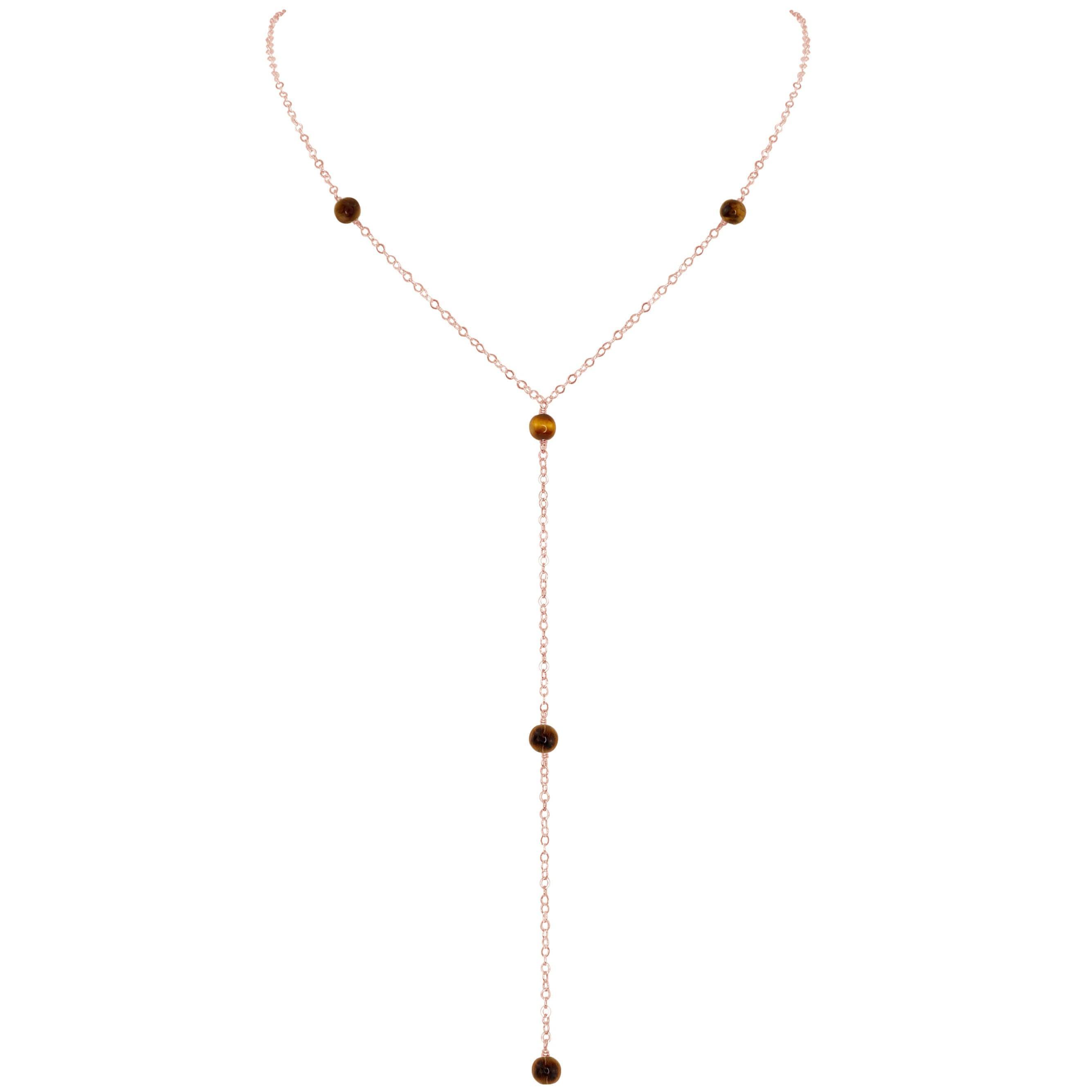 Dainty Tiger's Eye Gemstone Lariat Necklace - Dainty Tiger's Eye Gemstone Lariat Necklace - 14k Rose Gold Fill - Luna Tide Handmade Crystal Jewellery