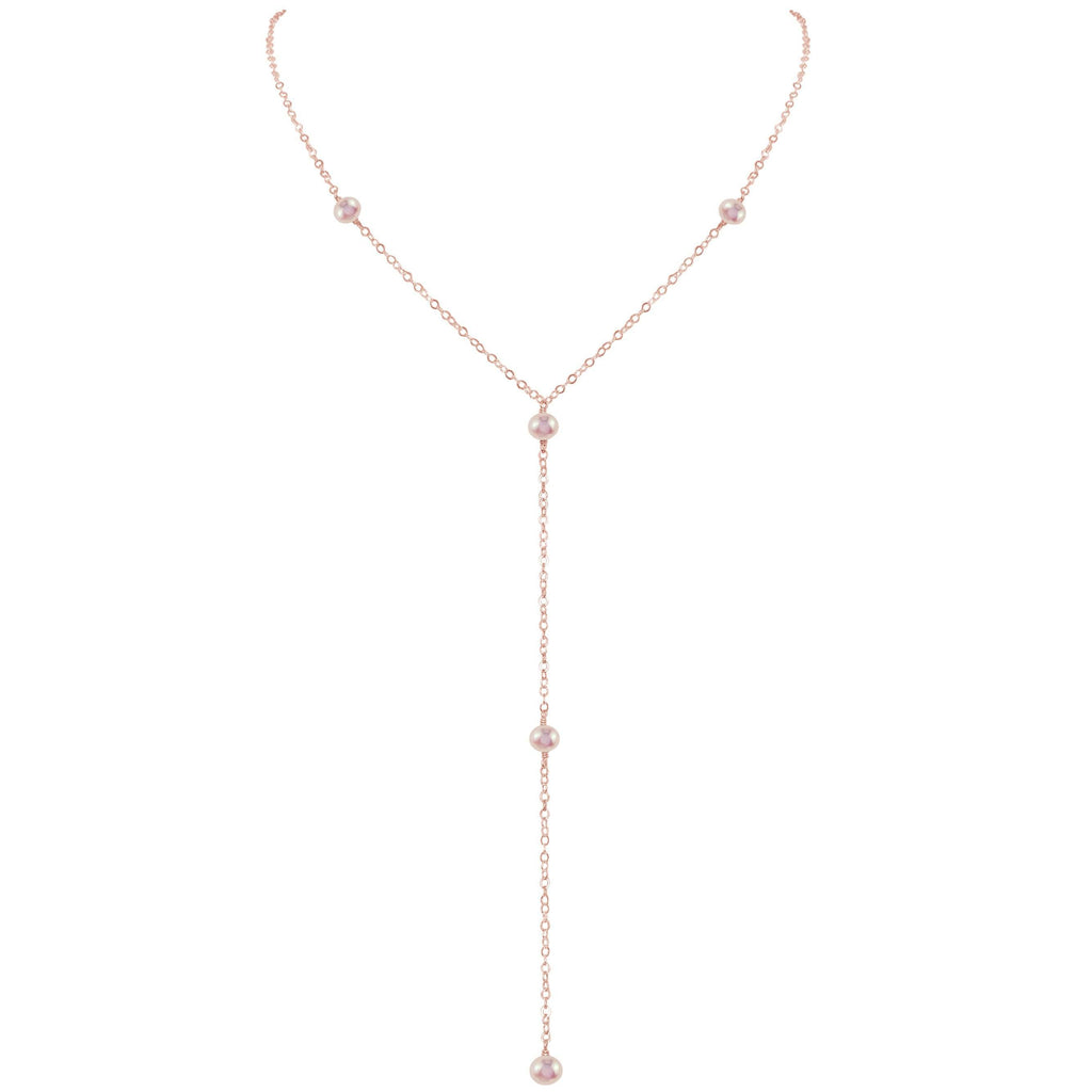 Dainty White Pearl Lariat Necklace - Dainty White Pearl Lariat Necklace - 14k Rose Gold Fill - Luna Tide Handmade Crystal Jewellery