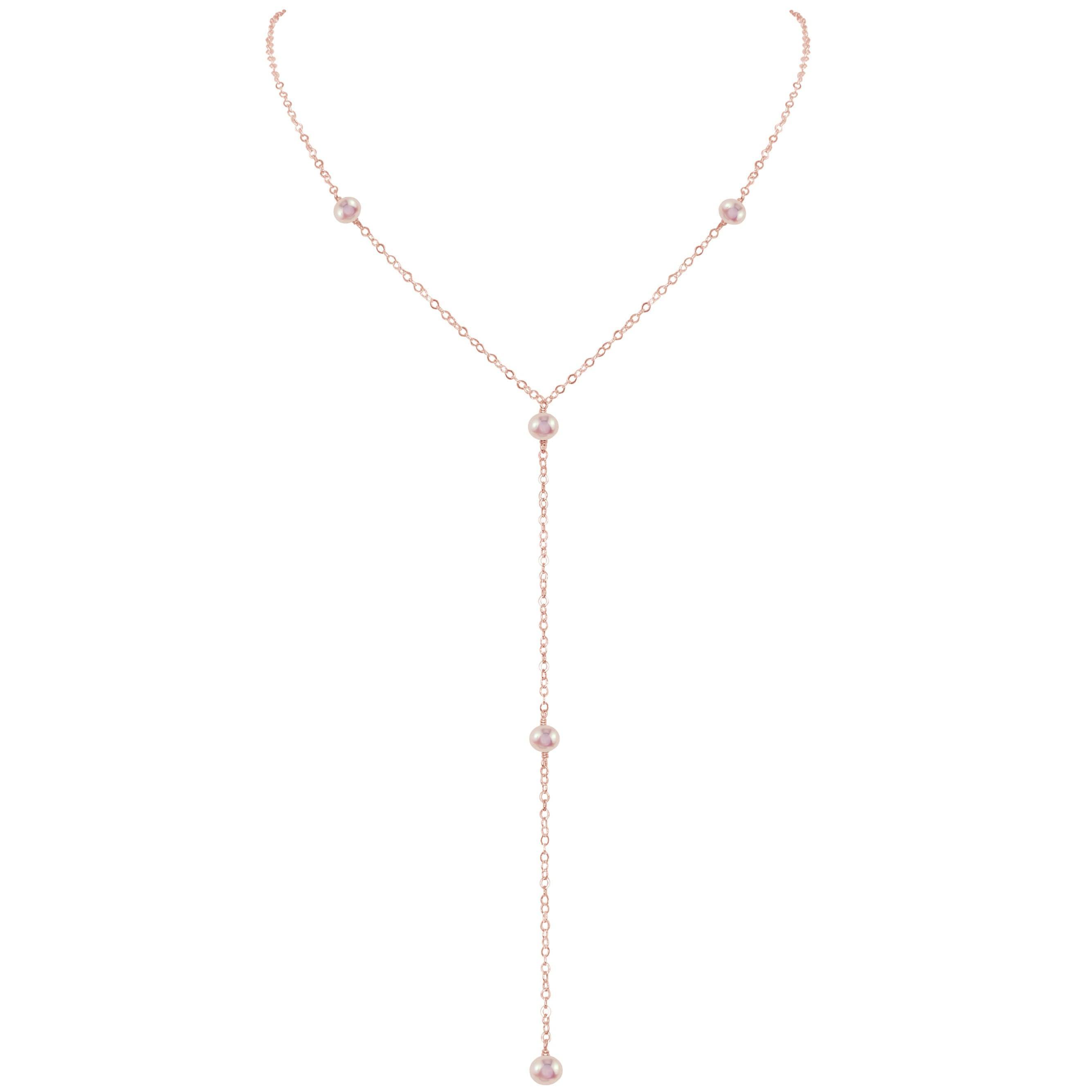 Dainty White Pearl Lariat Necklace - Dainty White Pearl Lariat Necklace - 14k Rose Gold Fill - Luna Tide Handmade Crystal Jewellery