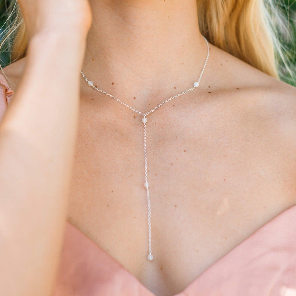 Dainty White Selenite Gemstone Lariat Necklace - Dainty White Selenite Gemstone Lariat Necklace - 14k Gold Fill - Luna Tide Handmade Crystal Jewellery
