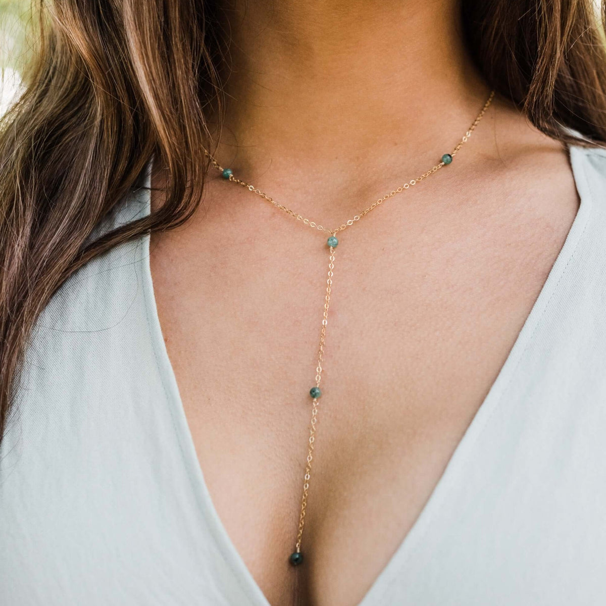 Dainty Y Necklace - Emerald - 14K Gold Fill - Luna Tide Handmade Jewellery