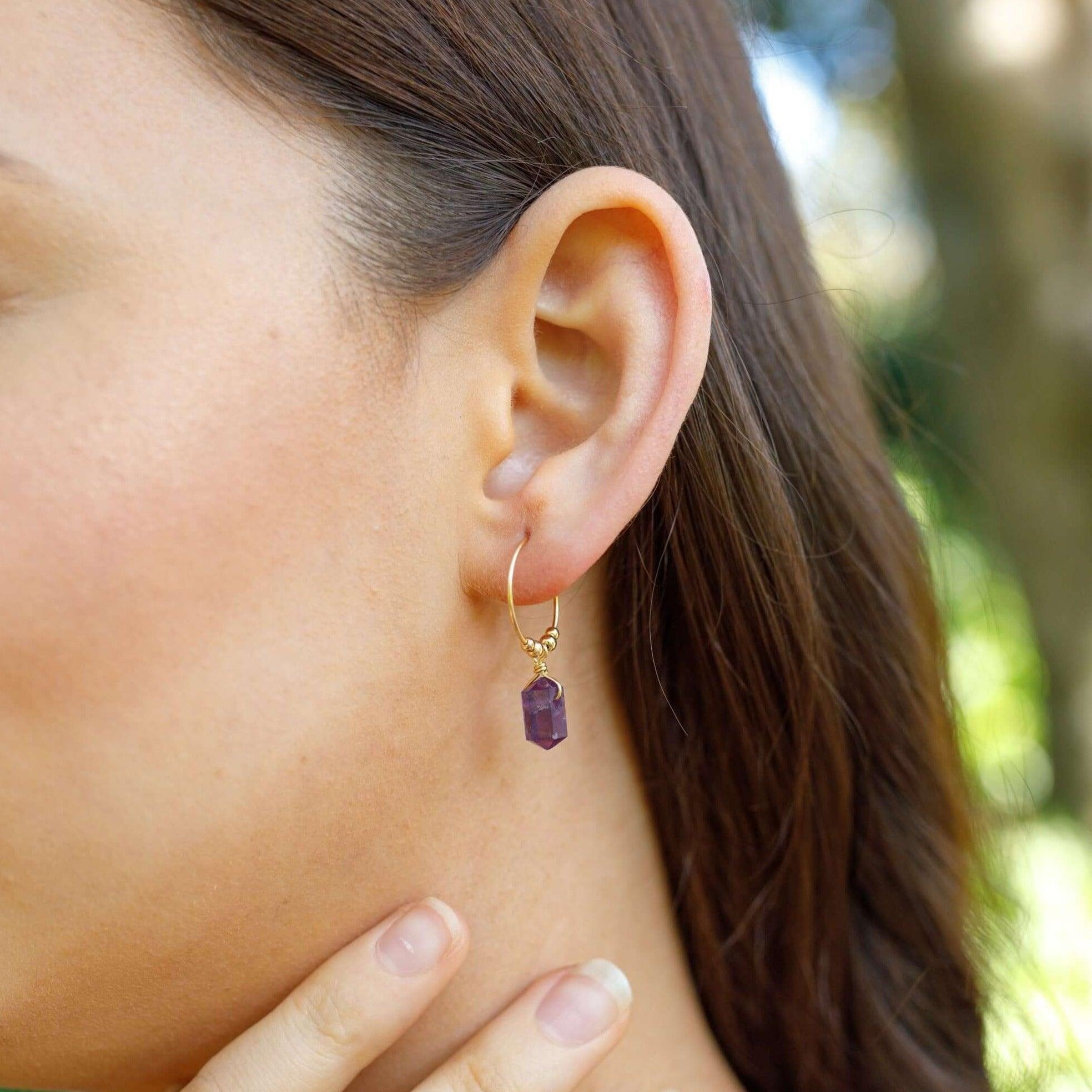 Double Terminated Amethyst Mini Crystal Point Dangle Hoop Earrings - Double Terminated Amethyst Mini Crystal Point Dangle Hoop Earrings - Sterling Silver - Luna Tide Handmade Crystal Jewellery