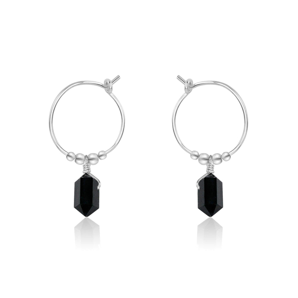 Double Terminated Black Tourmaline Mini Crystal Point Dangle Hoop Earrings - Double Terminated Black Tourmaline Mini Crystal Point Dangle Hoop Earrings - Sterling Silver - Luna Tide Handmade Crystal Jewellery