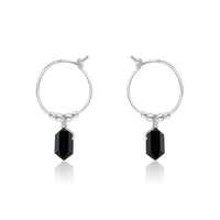 Tiny Double Terminated Crystal Hoop Dangle Earrings - Black Tourmaline - Sterling Silver - Luna Tide Handmade Jewellery