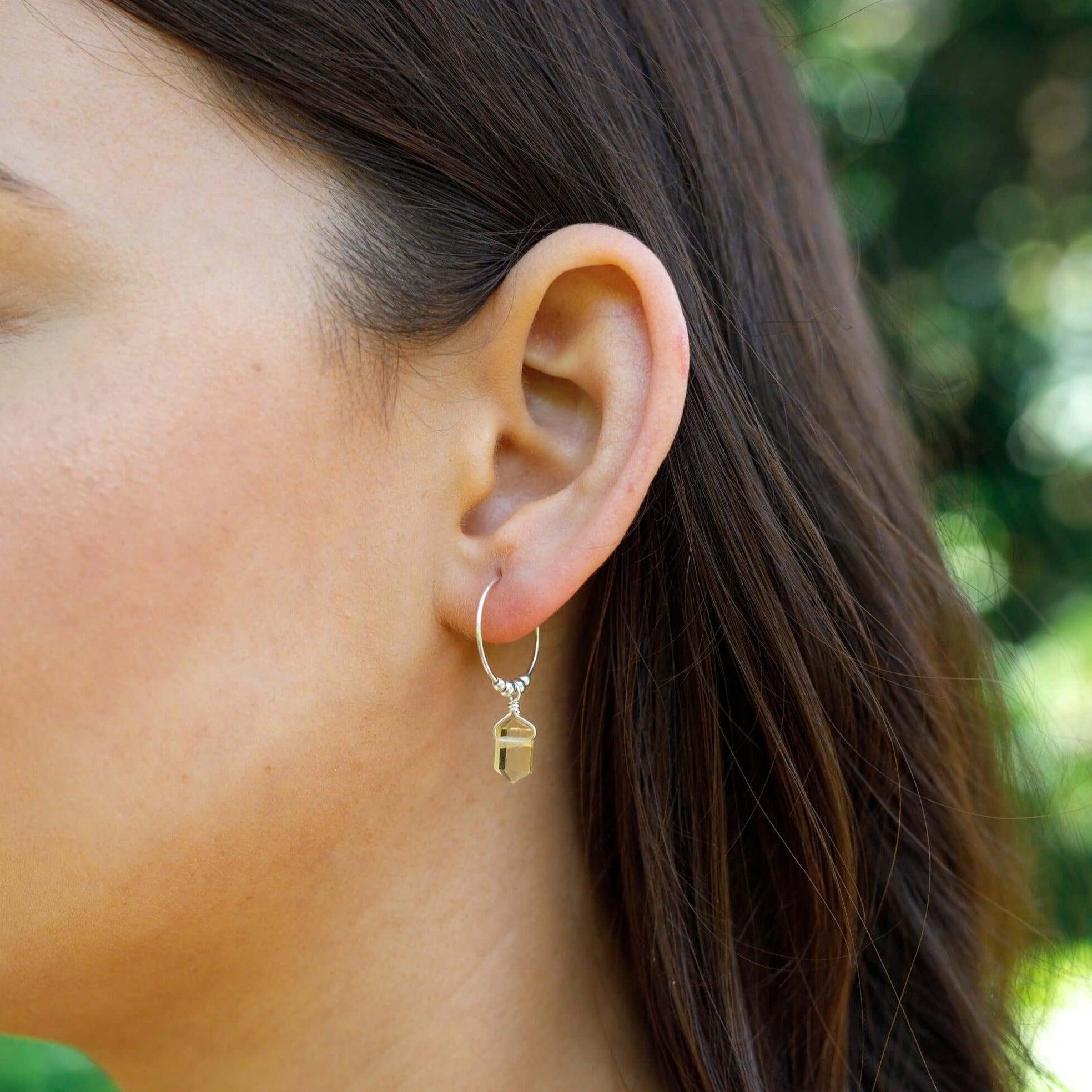 Double Terminated Citrine Mini Crystal Point Dangle Hoop Earrings - Double Terminated Citrine Mini Crystal Point Dangle Hoop Earrings - 14k Gold Fill - Luna Tide Handmade Crystal Jewellery