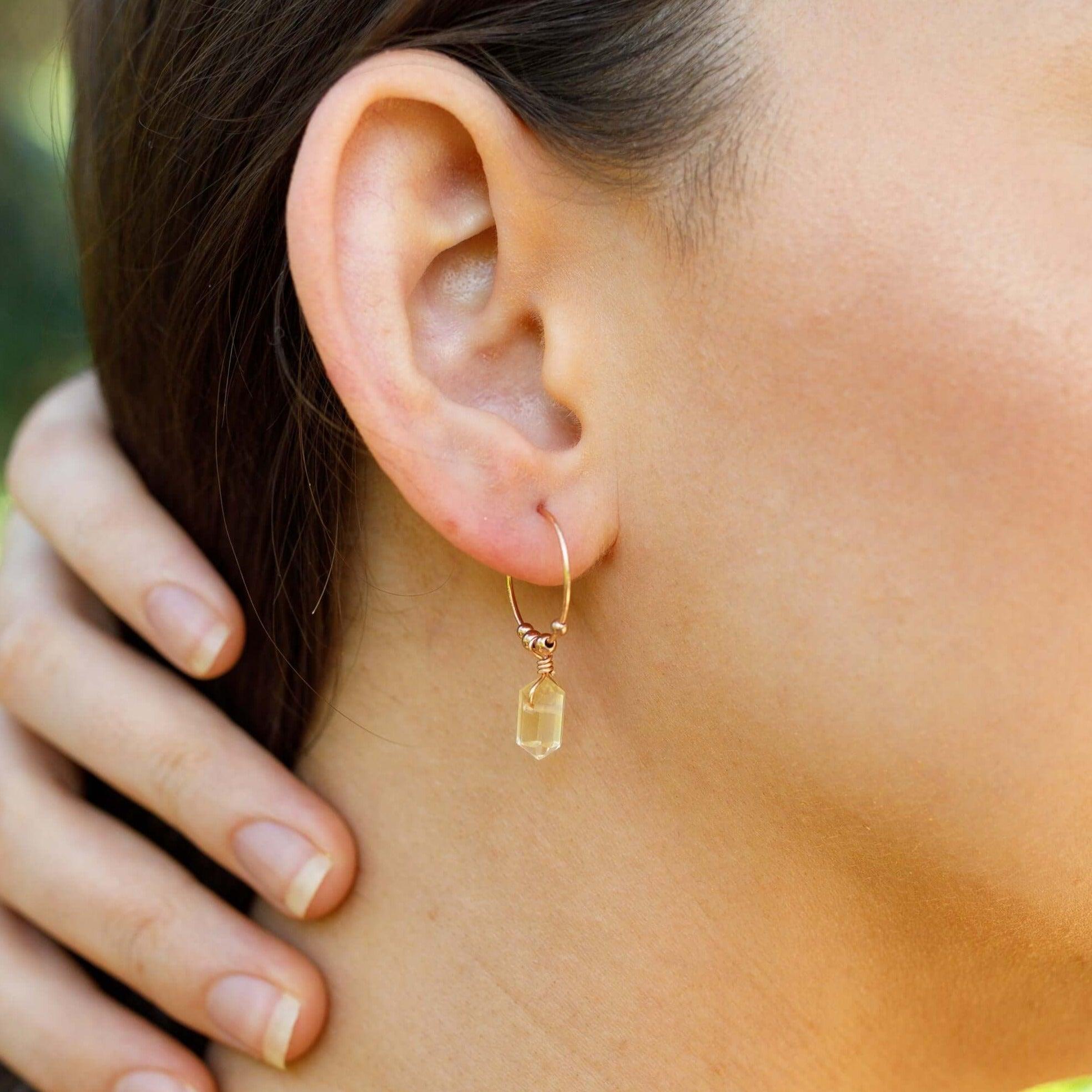 Double Terminated Citrine Mini Crystal Point Dangle Hoop Earrings - Double Terminated Citrine Mini Crystal Point Dangle Hoop Earrings - 14k Gold Fill - Luna Tide Handmade Crystal Jewellery