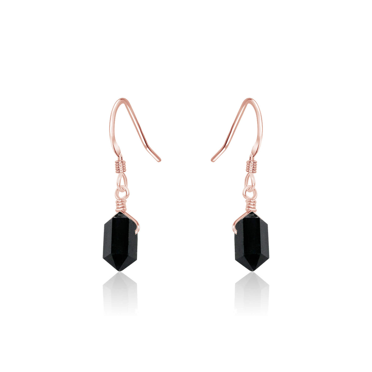 Double Terminated Crystal Dangle Drop Earrings - Black Tourmaline - 14K Rose Gold Fill - Luna Tide Handmade Jewellery